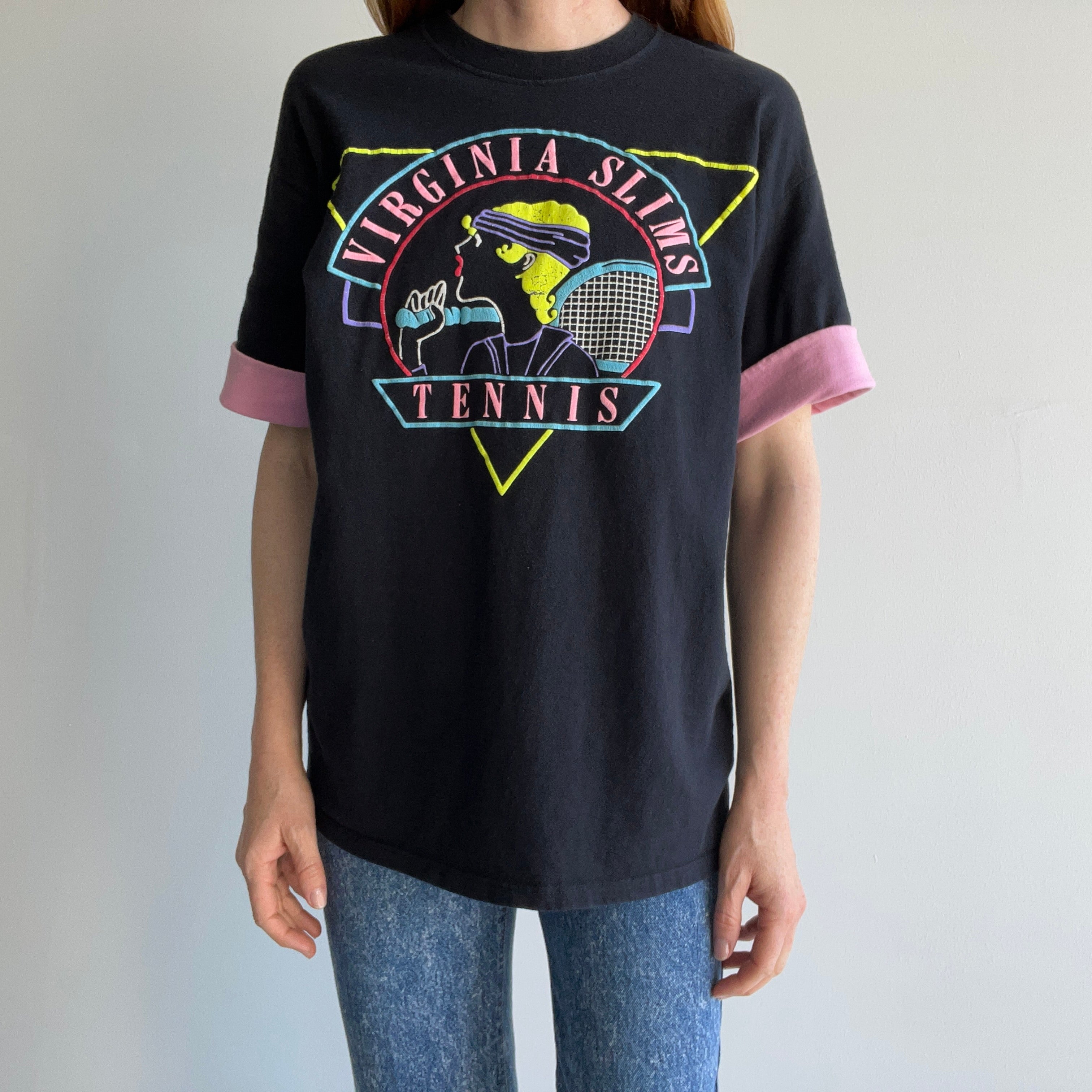 1980s Virginia Slims Tennis Two Tone Sleeve T-Shirt - !!!!