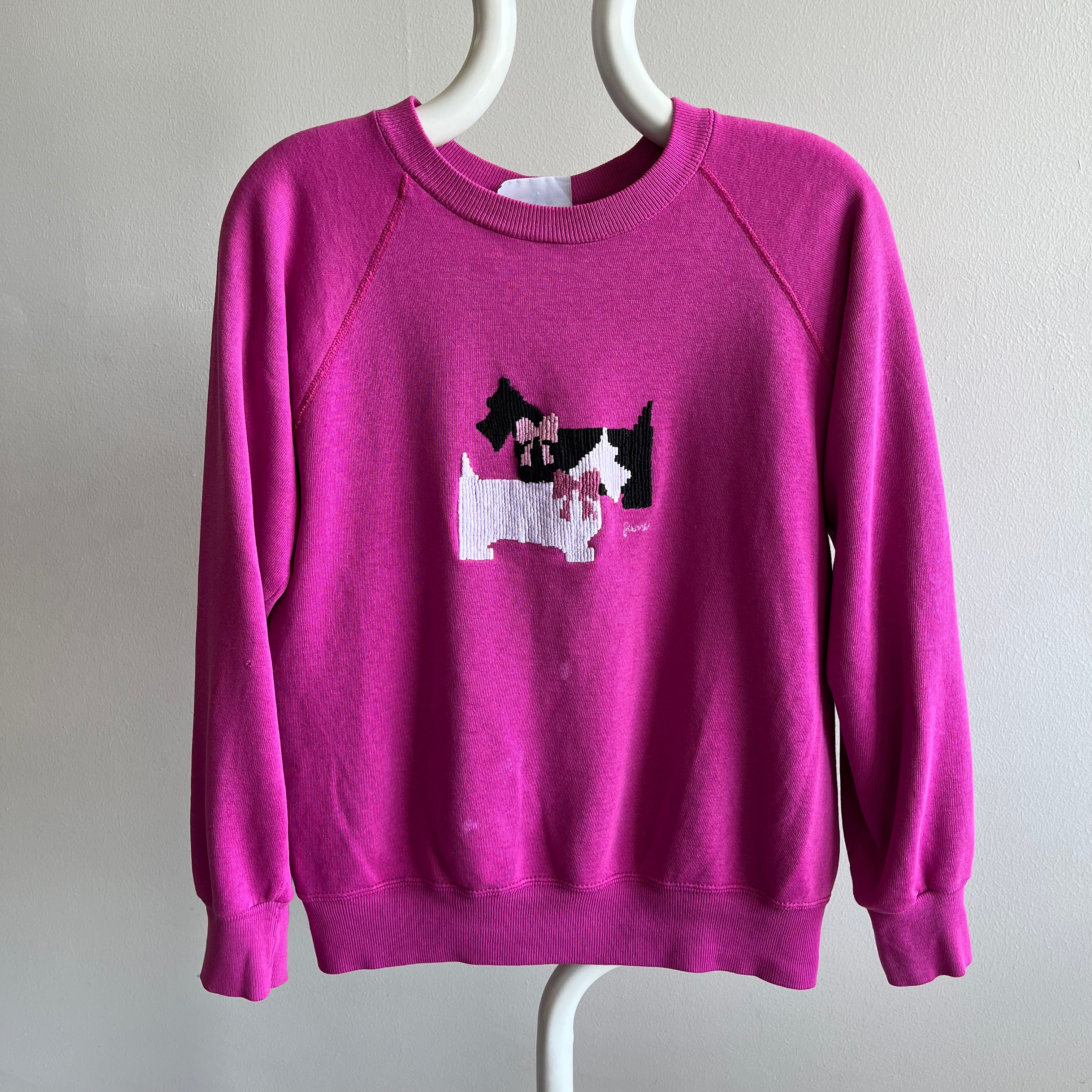 1980s DIY Scottie and a Westie Needlepoint (?) Sweatshirt by Bassett Walker