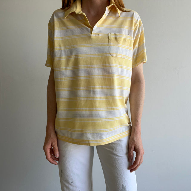 1980s Striped Pastel Yellow and White (ok, and gray) Golf Polo Shirt