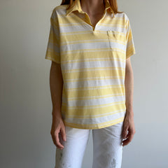 1980s Striped Pastel Yellow and White (ok, and gray) Golf Polo Shirt