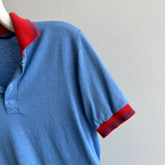 1980s Super Cool Bleach Stained Red and Blue Polo Shirt - !!!!