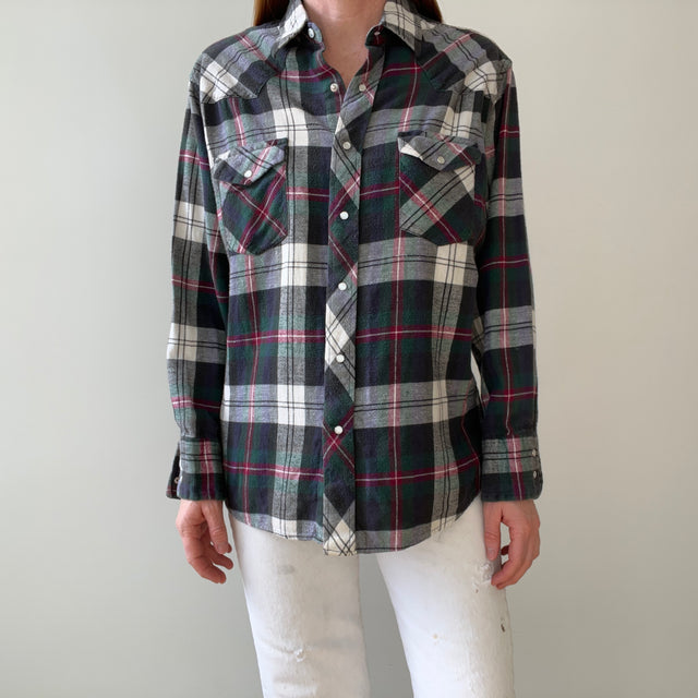 1990s Lightweight Wrangler Snap Front Cowboy Cotton Flannel Shirt