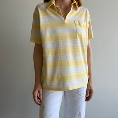 1980s Striped Pastel Yellow and White (ok, and gray) Golf Polo Shirt