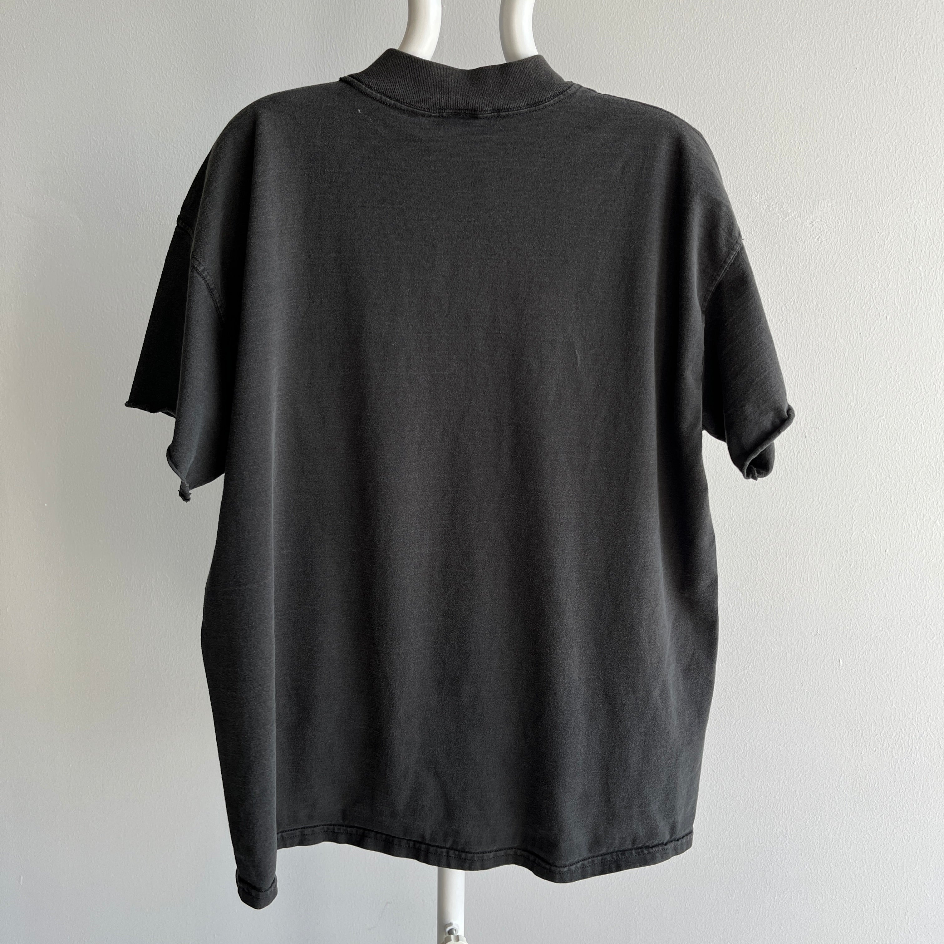 1980/90s Faded Blank Black Cotton T-Shirt with Cut Sleeves By Russell