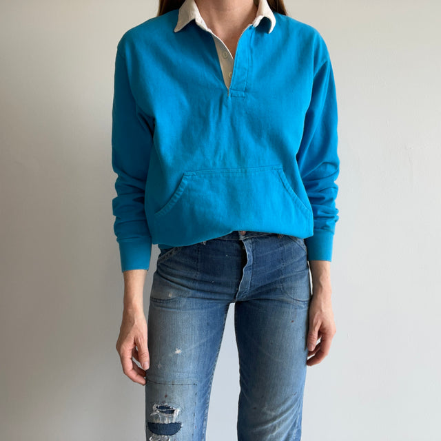 1980s Teal Lord & Taylor Polo Sweatshirt/Rugby Shirt with Pouch - !!!!