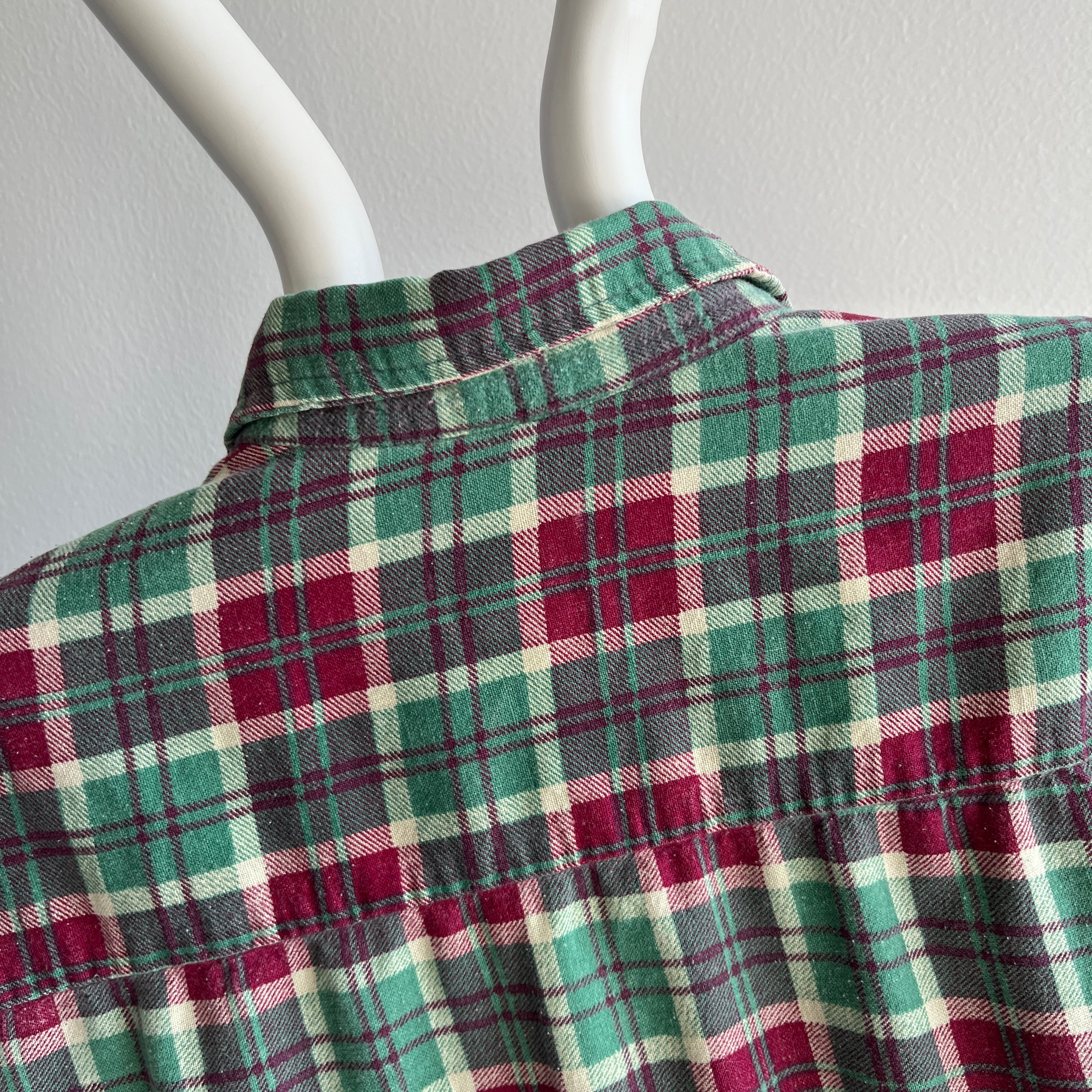 1990s Super Thin Lightweight Green and Magenta Single Sided Flannel