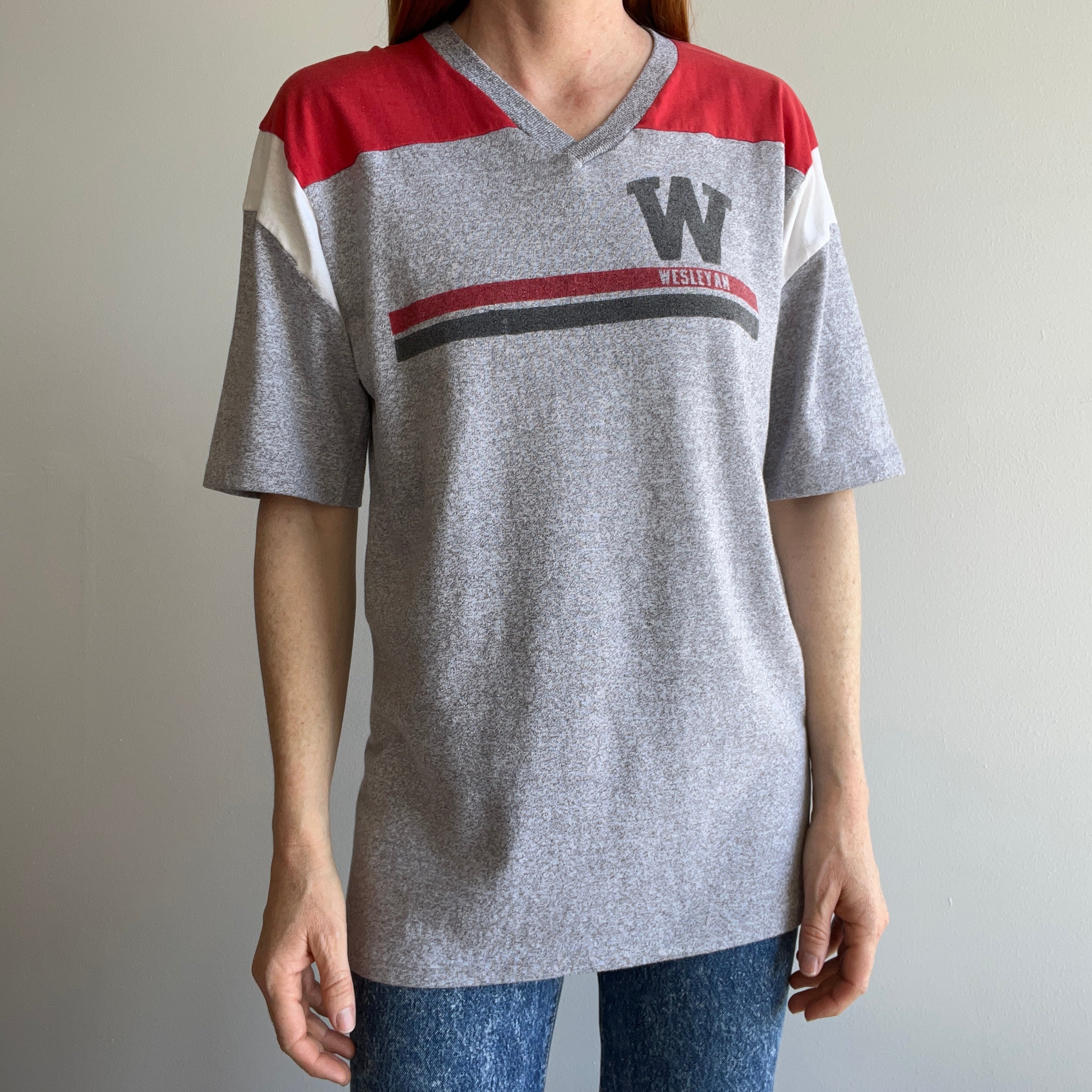 1970s Wesleyan Color Block Football T-Shirt by Champion - Collectible