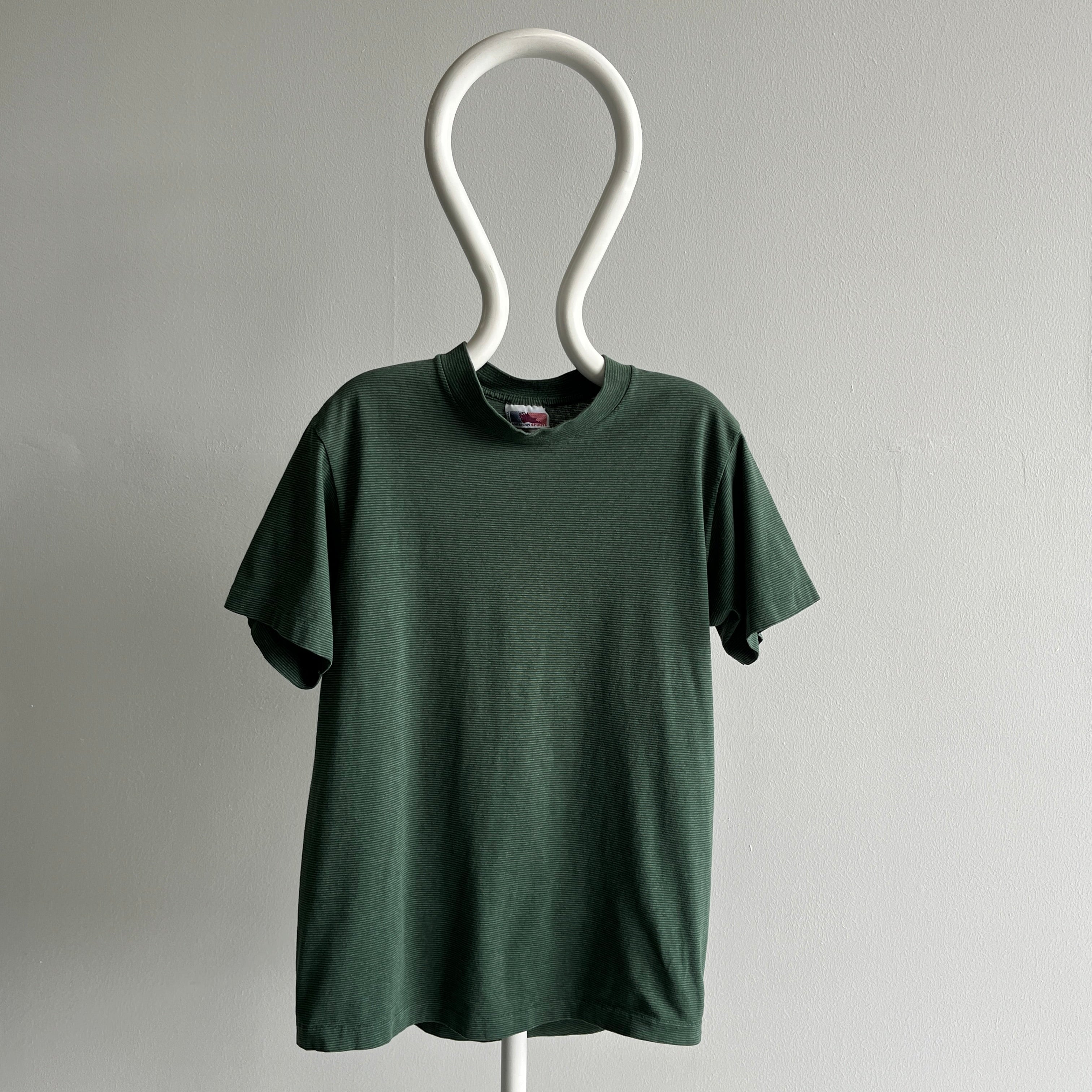 1980s Dark and Light Forest Green Pinstriped Cotton T-Shirt