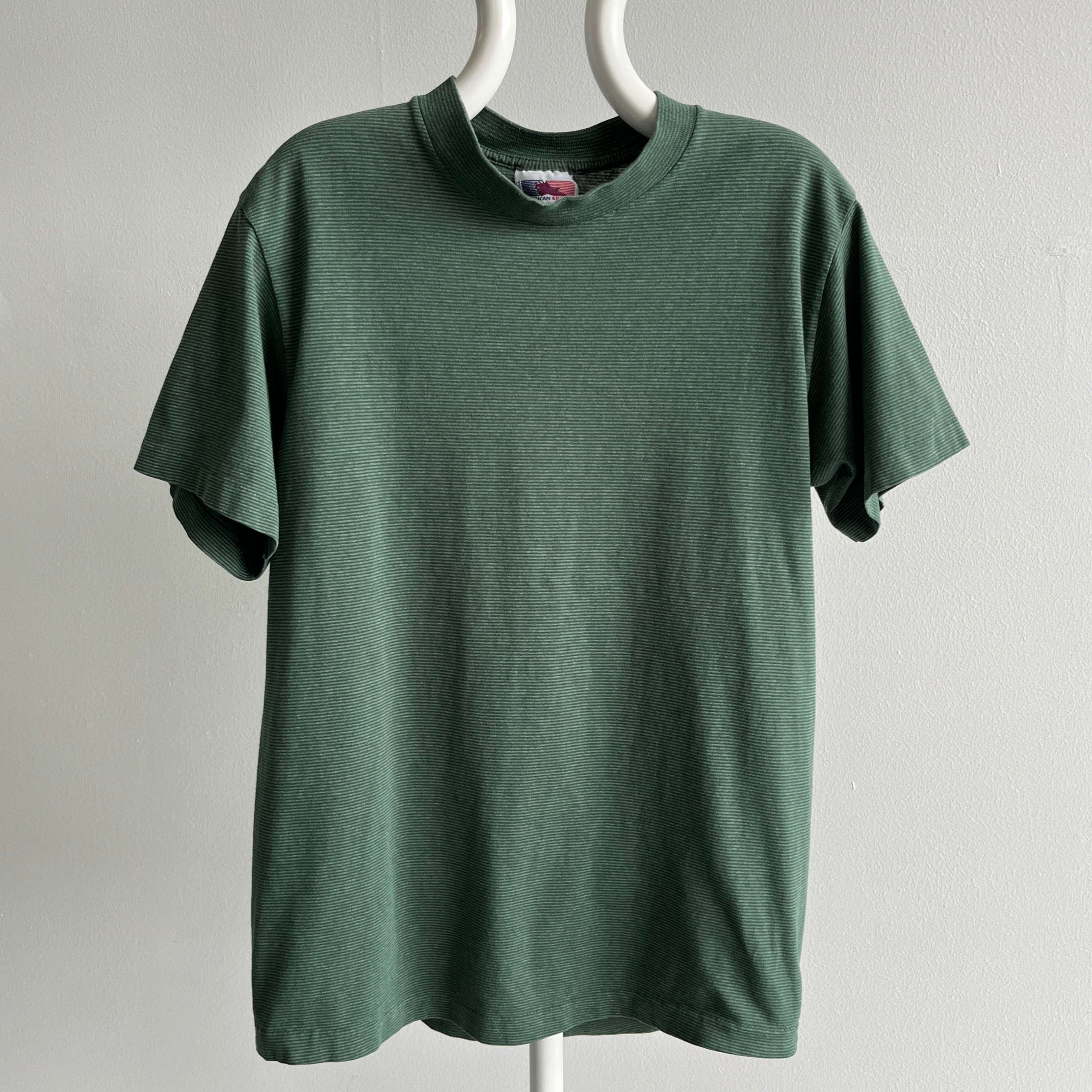 1980s Dark and Light Forest Green Pinstriped Cotton T-Shirt