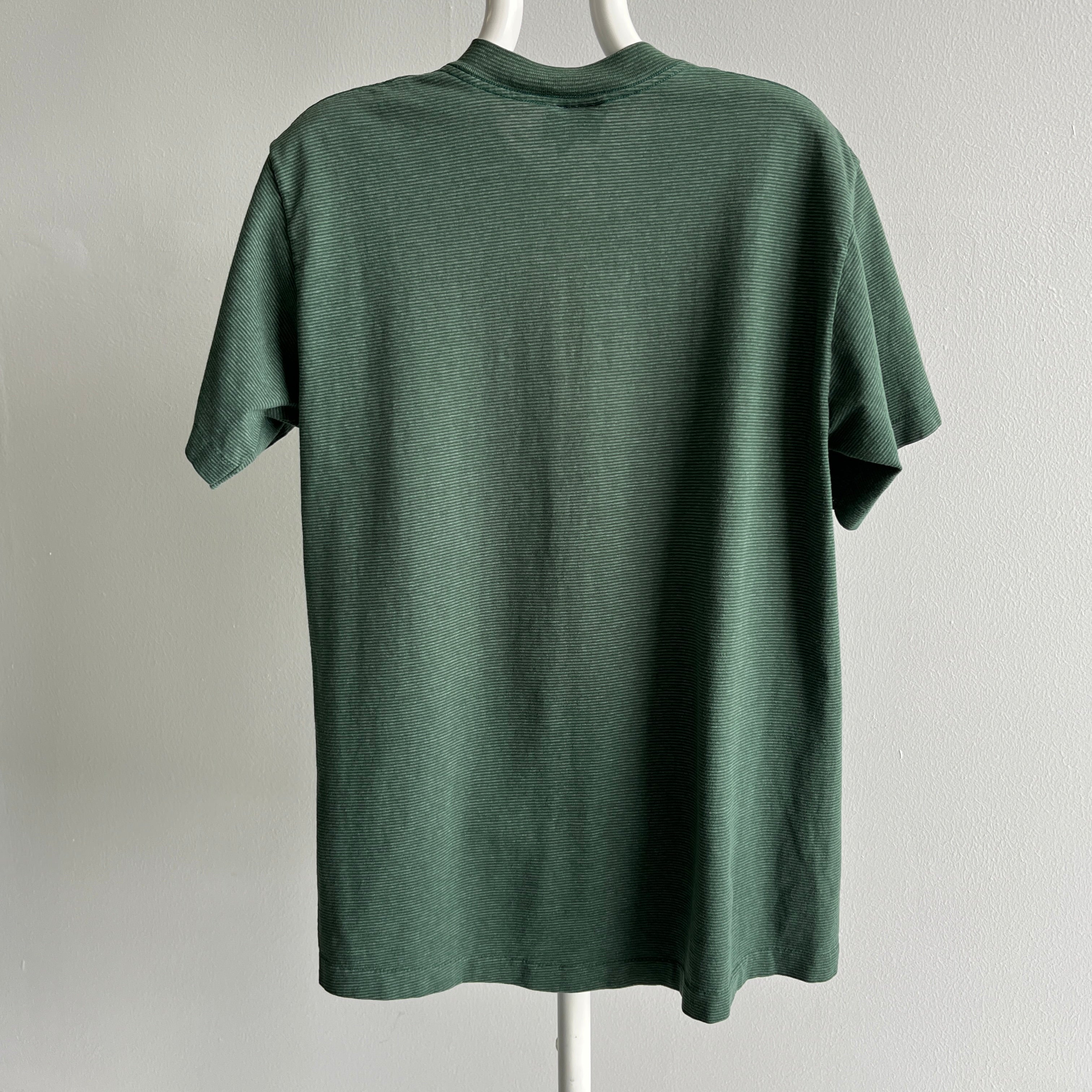 1980s Dark and Light Forest Green Pinstriped Cotton T-Shirt