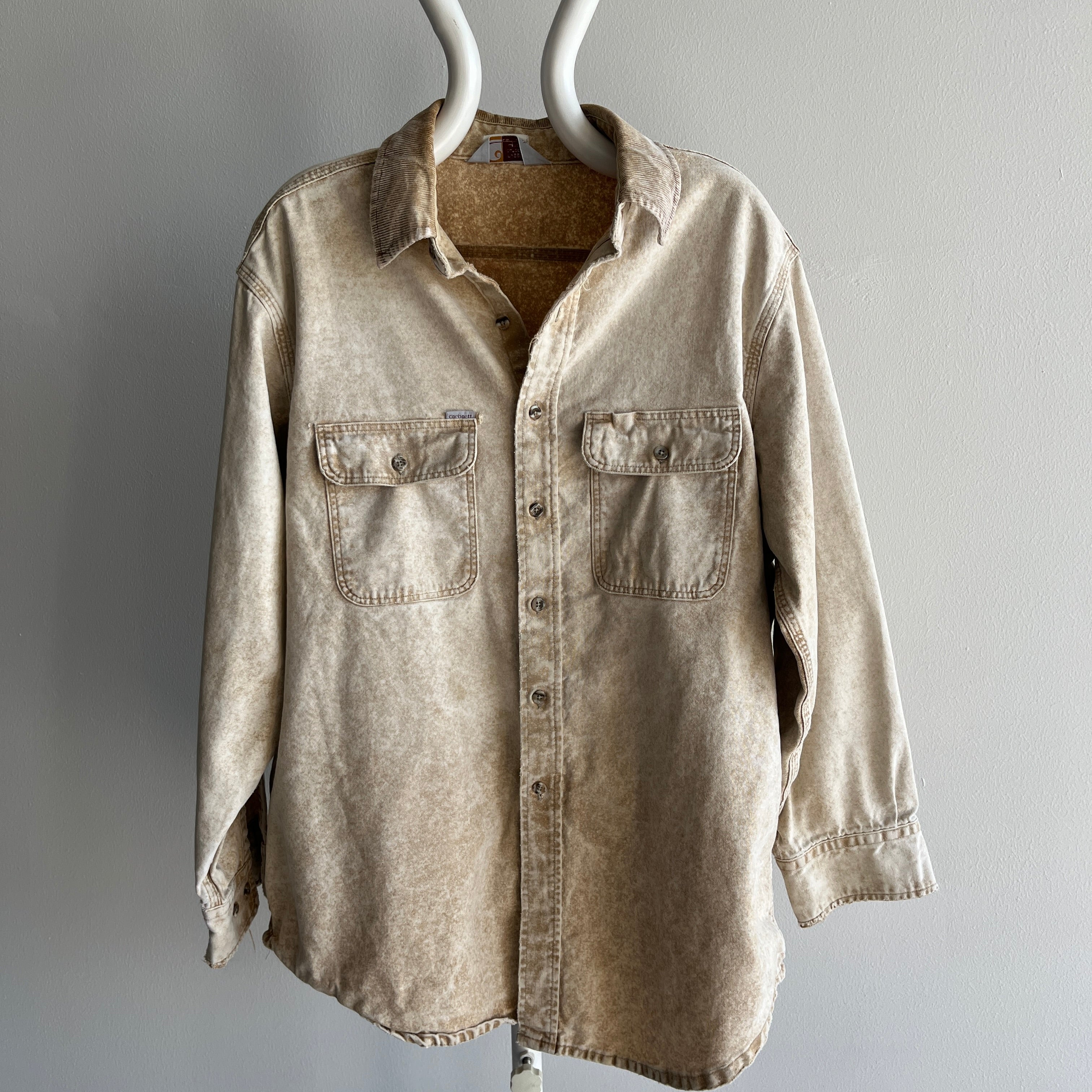 1990s Nicely Tattered Carhartt Acid Wash Khaki Work Shirt with a Corduroy Collar