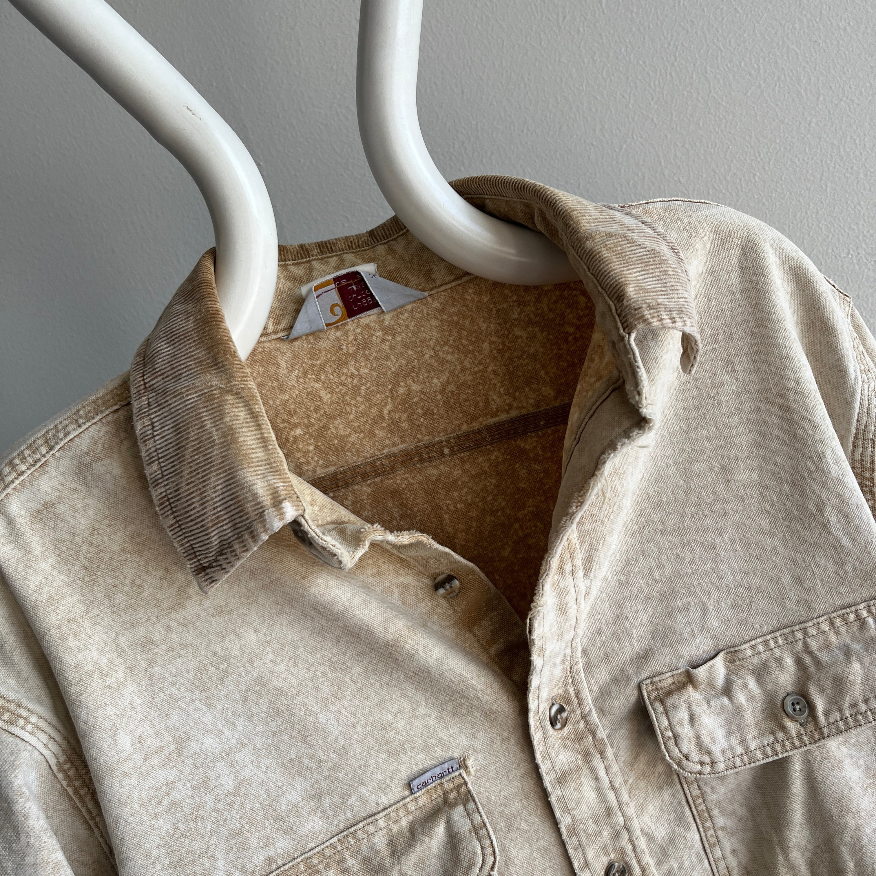 1990s Nicely Tattered Carhartt Acid Wash Khaki Work Shirt with a Corduroy Collar