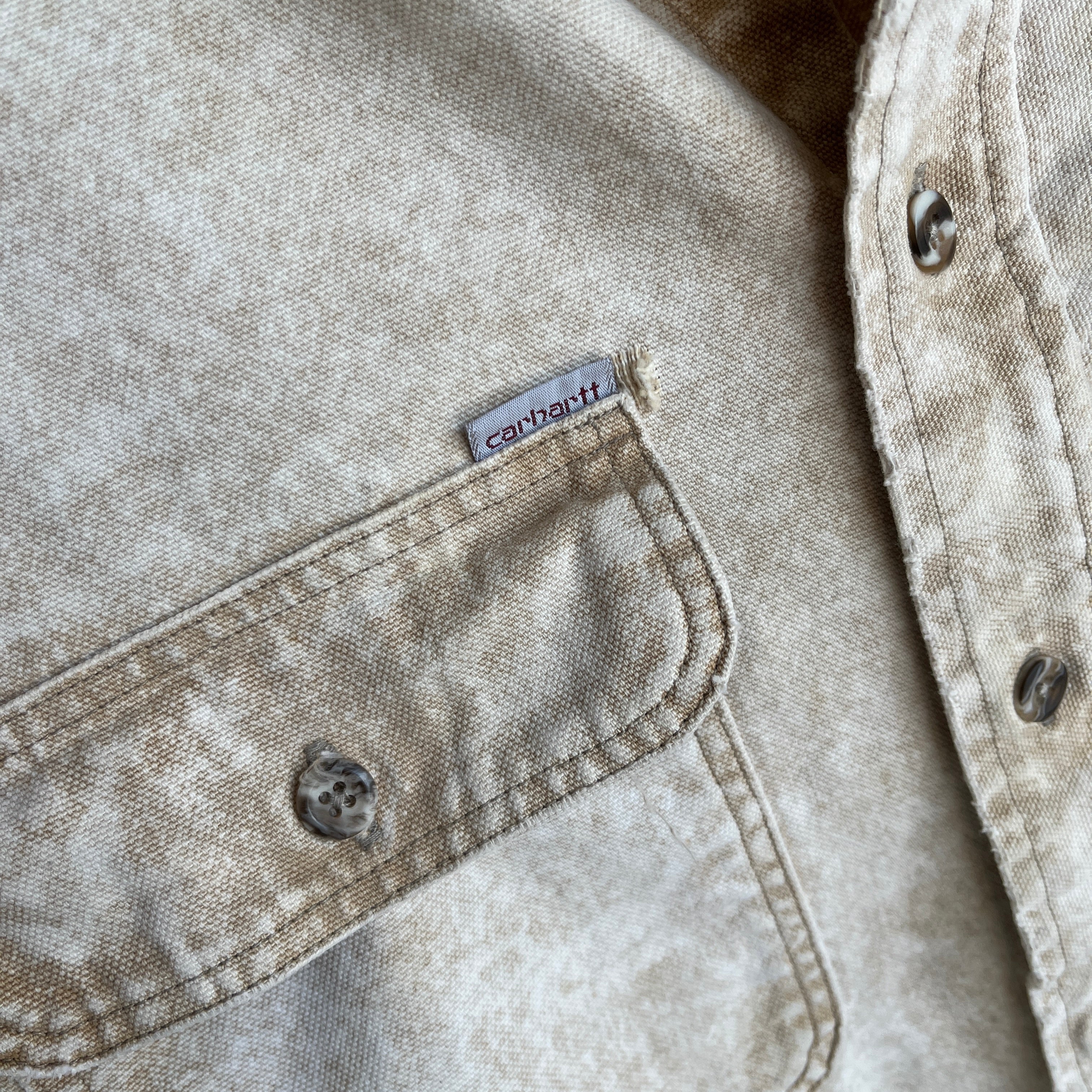 1990s Nicely Tattered Carhartt Acid Wash Khaki Work Shirt with a Corduroy Collar