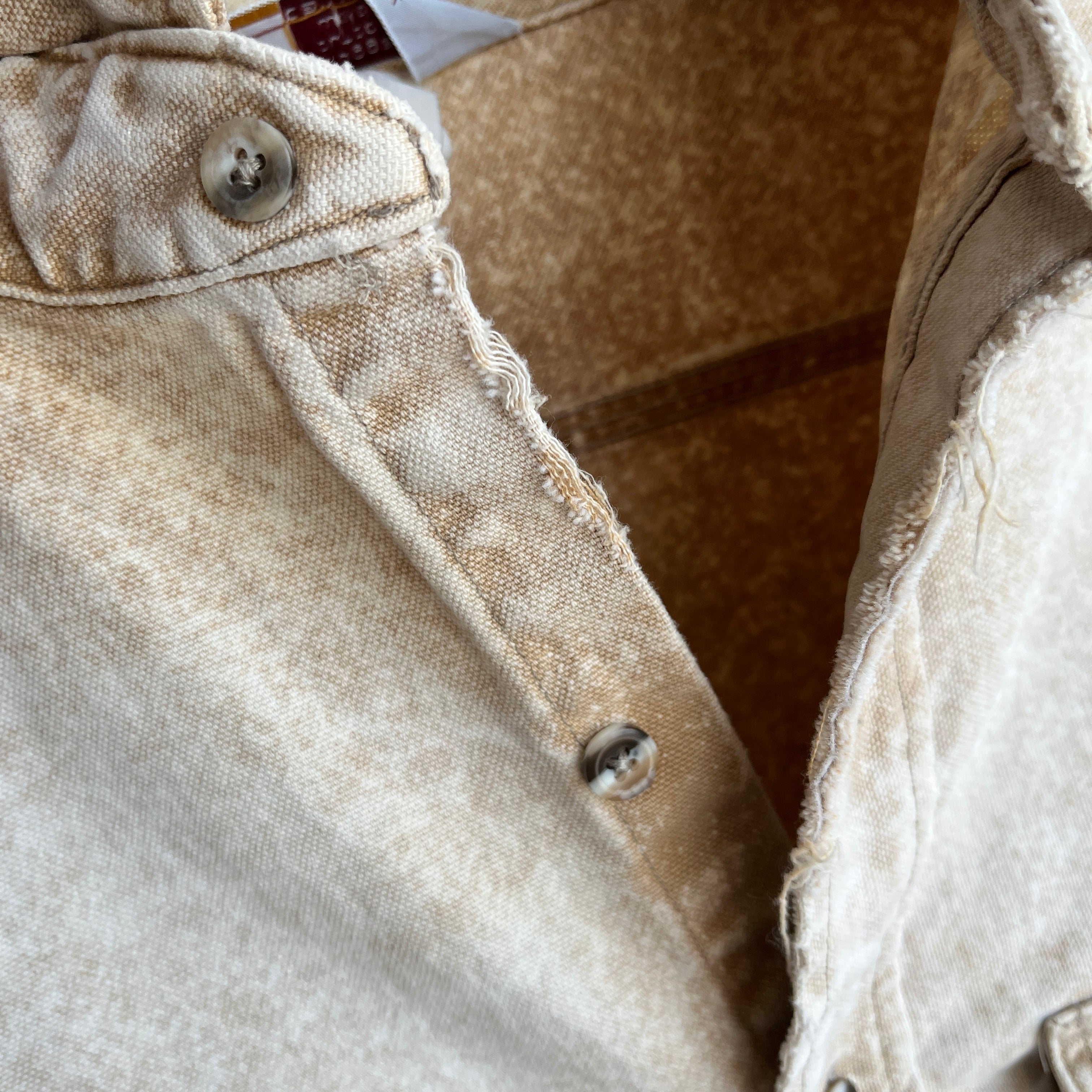 1990s Nicely Tattered Carhartt Acid Wash Khaki Work Shirt with a Corduroy Collar