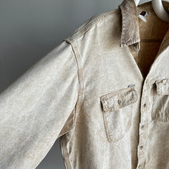 1990s Nicely Tattered Carhartt Acid Wash Khaki Work Shirt with a Corduroy Collar