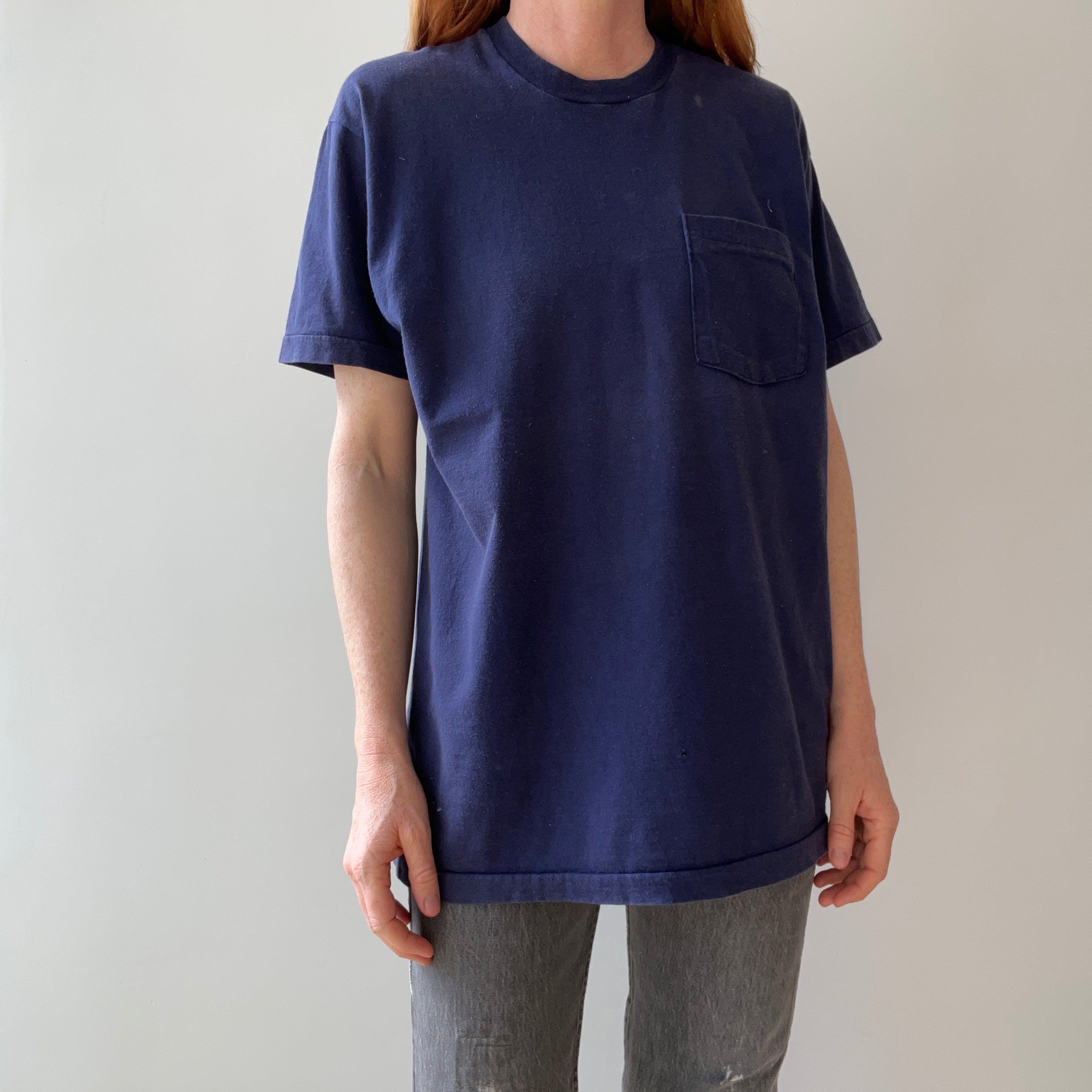 1990s Classic Blank Navy Selvedge Pocket Cotton T-Shirt by FOTL