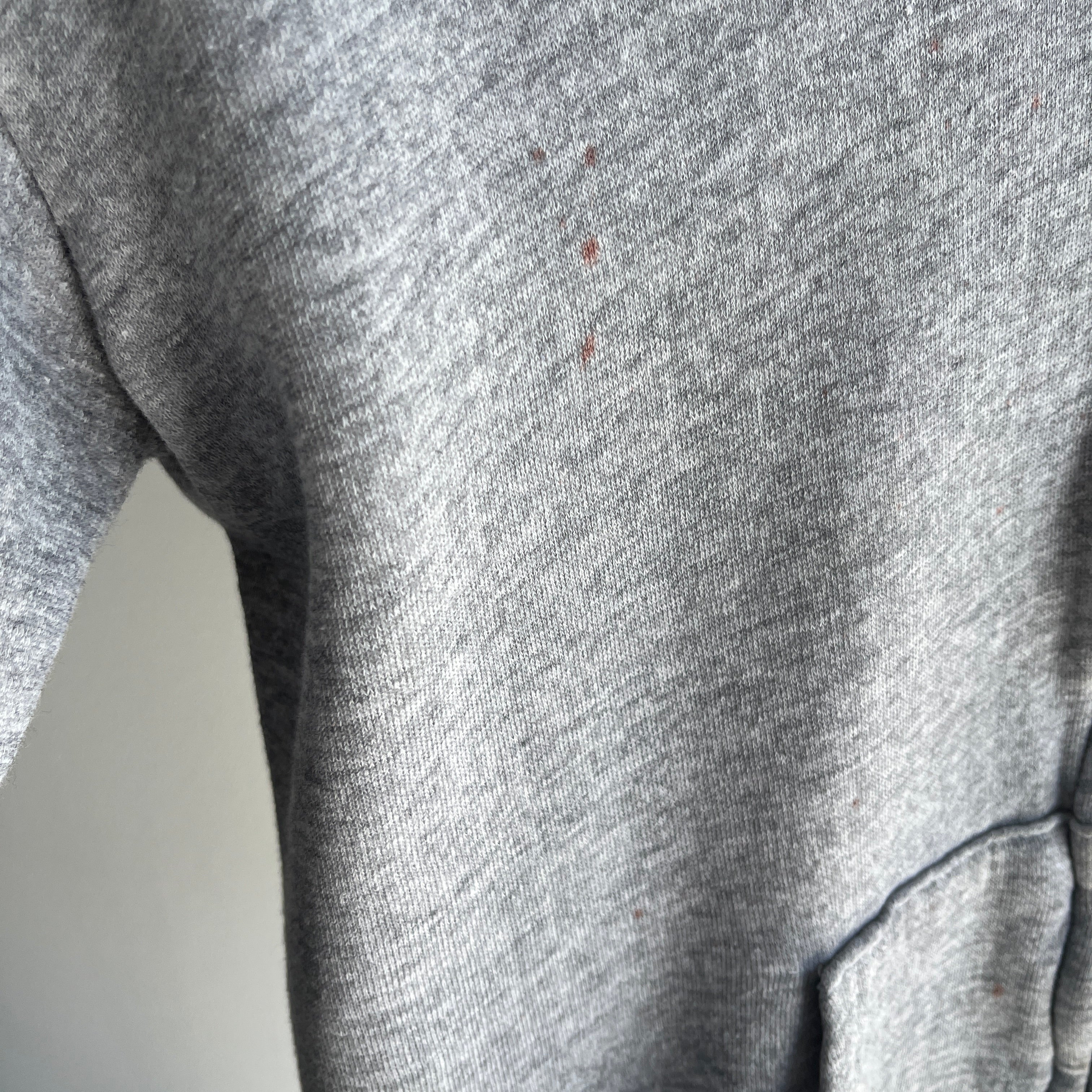 1980s Blank Gray Hoodie with Red Paint Staining and Bleached Out Sleeves