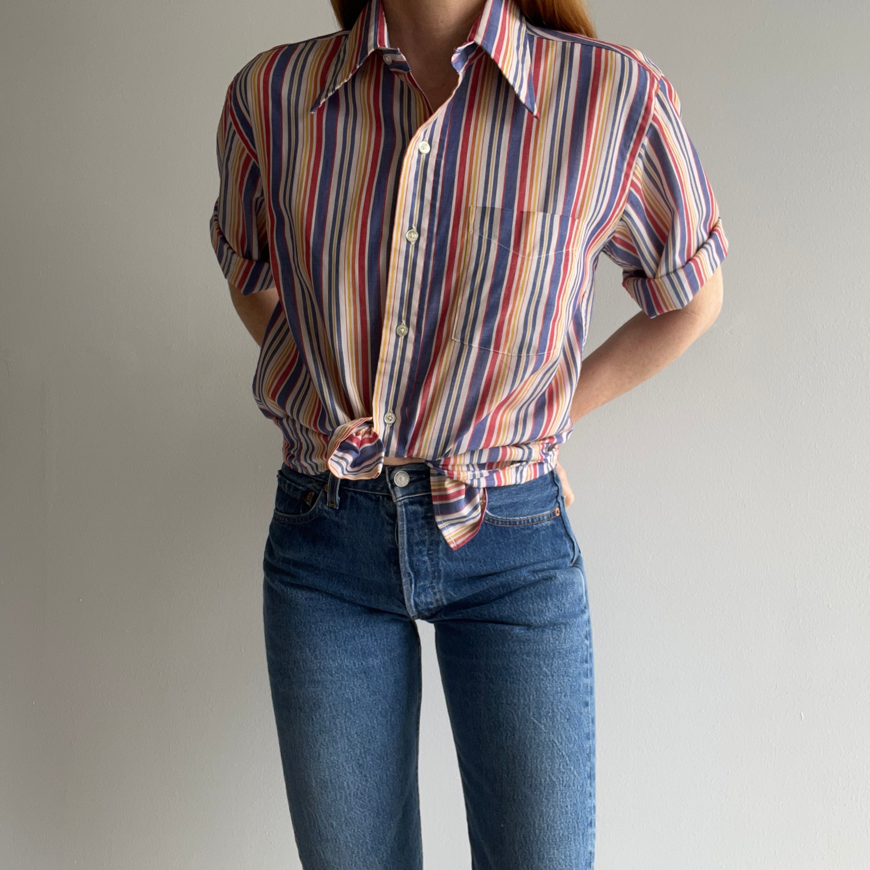 1970s Striped Short Sleeve Button Up T-Shirt - WOWOWOOW