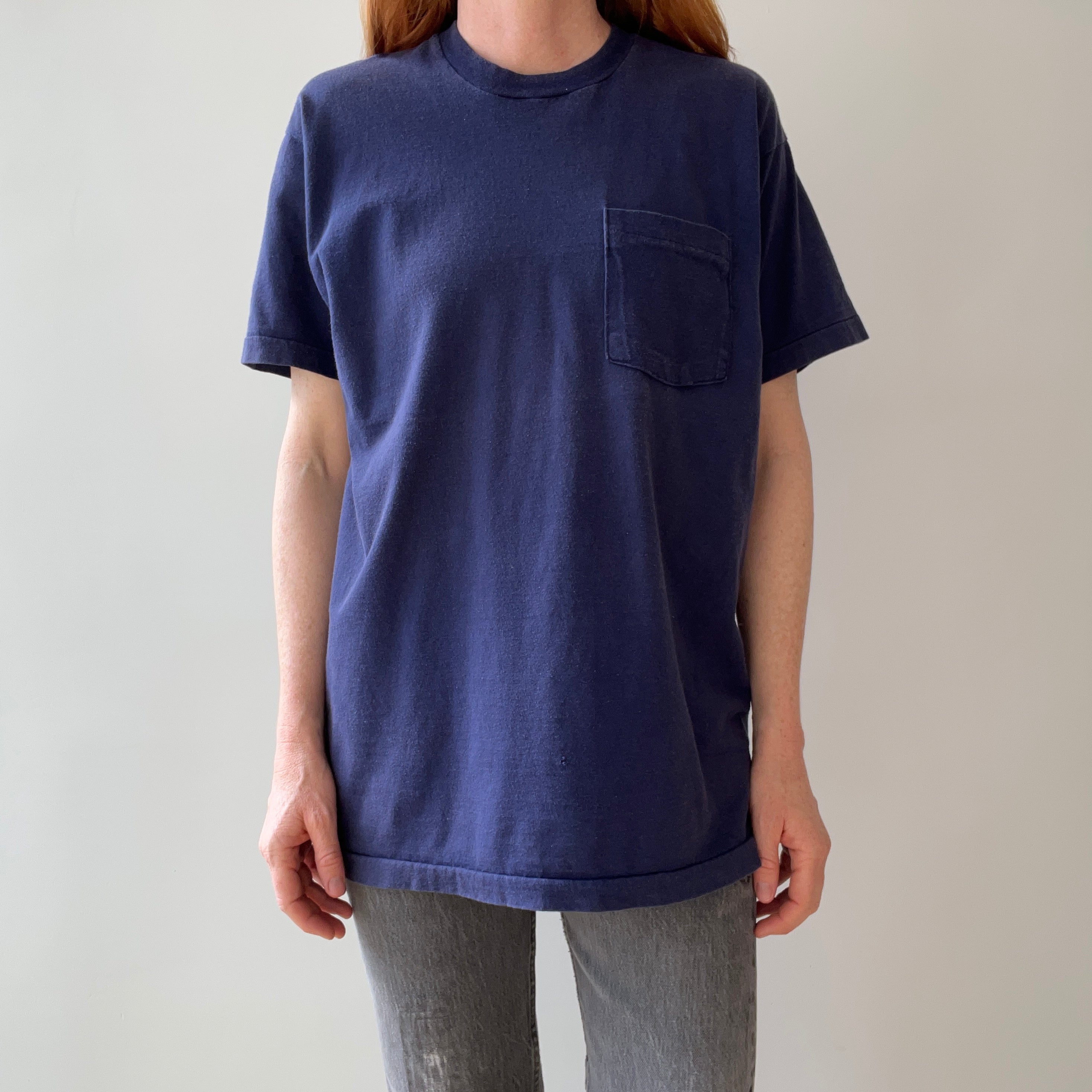 1990s Classic Blank Navy Selvedge Pocket Cotton T-Shirt by FOTL