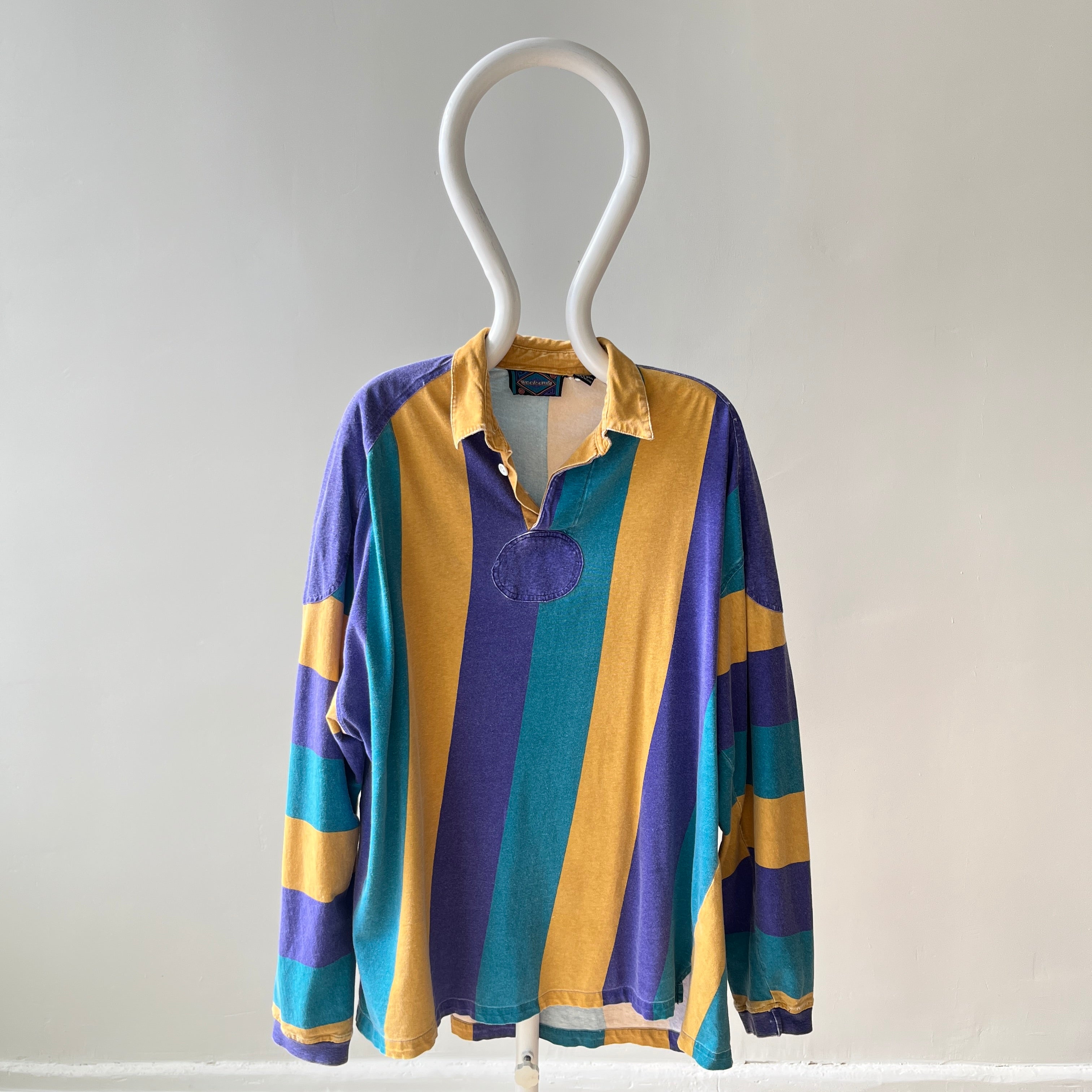 1980s Thinned Out and Slouchy Longer Mardi Gras Tattered Striped Rugby Shirt