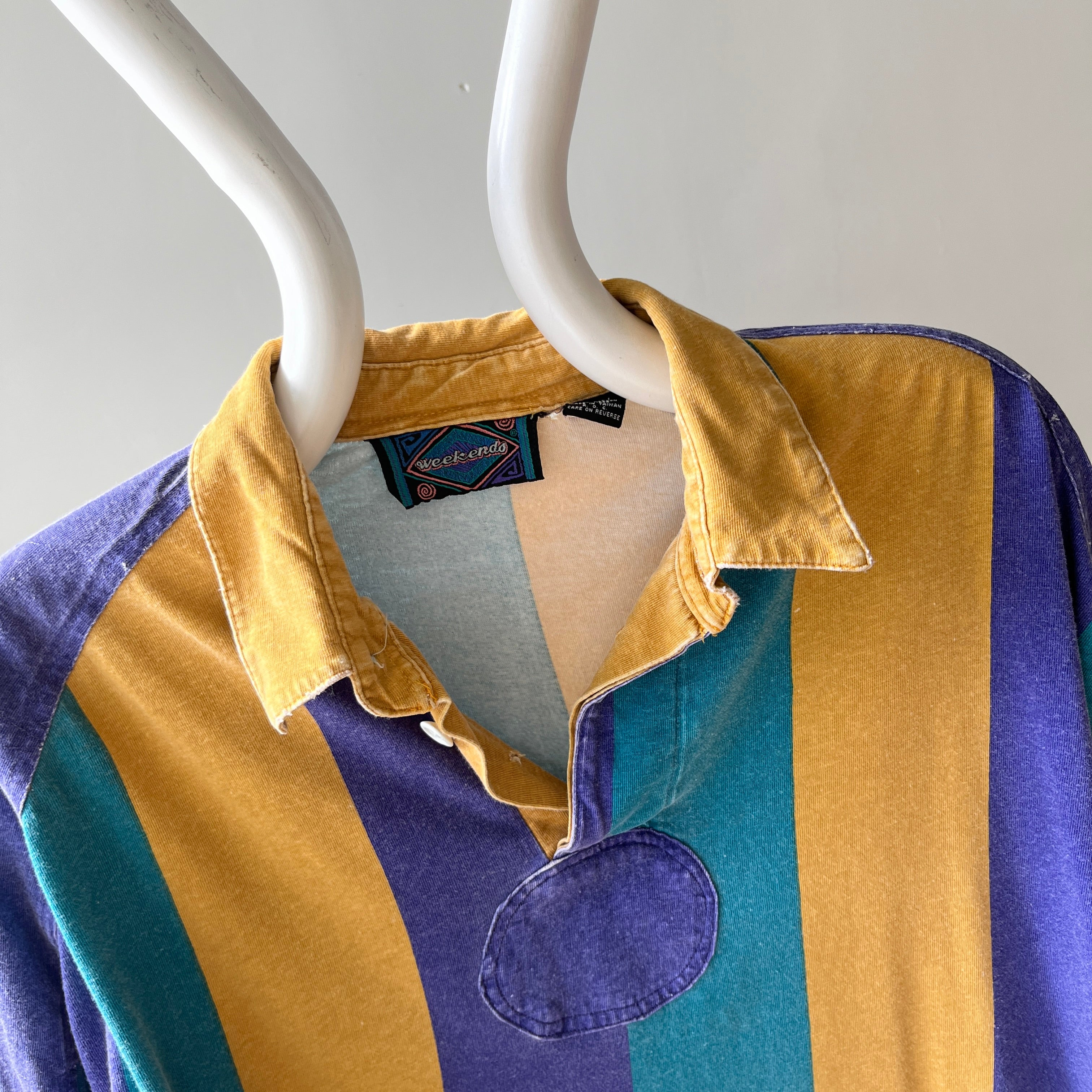 1980s Thinned Out and Slouchy Longer Mardi Gras Tattered Striped Rugby Shirt