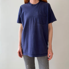 1990s Classic Blank Navy Selvedge Pocket Cotton T-Shirt by FOTL