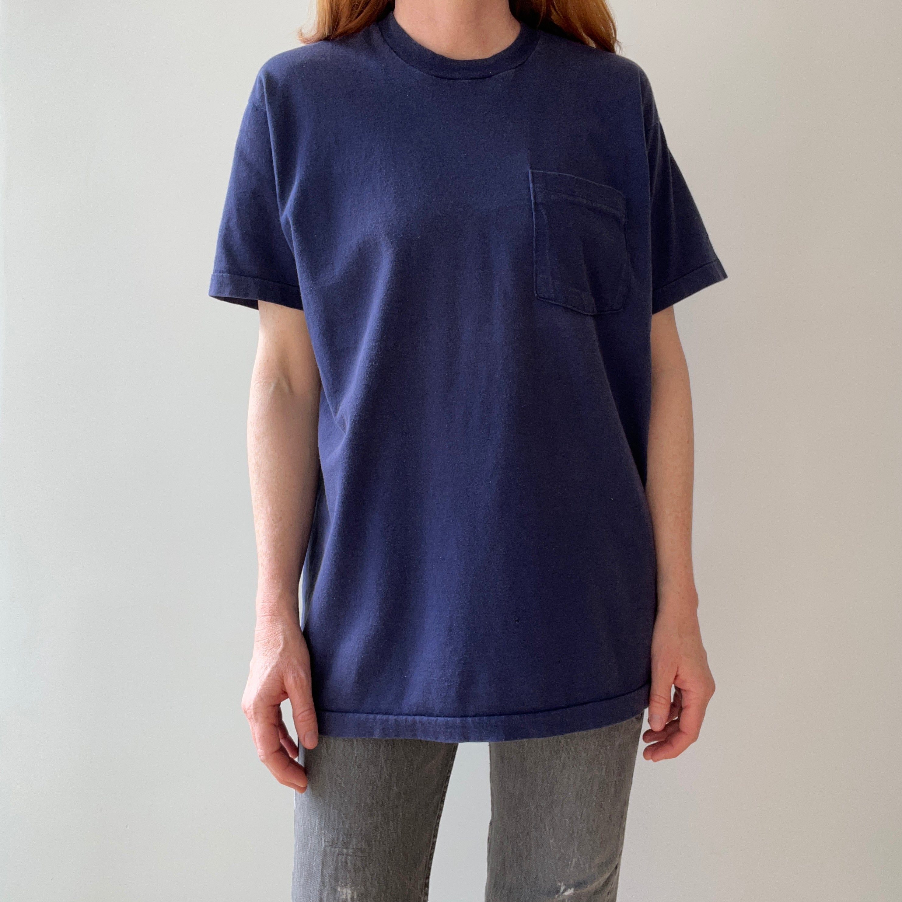 1990s Classic Blank Navy Selvedge Pocket Cotton T-Shirt by FOTL