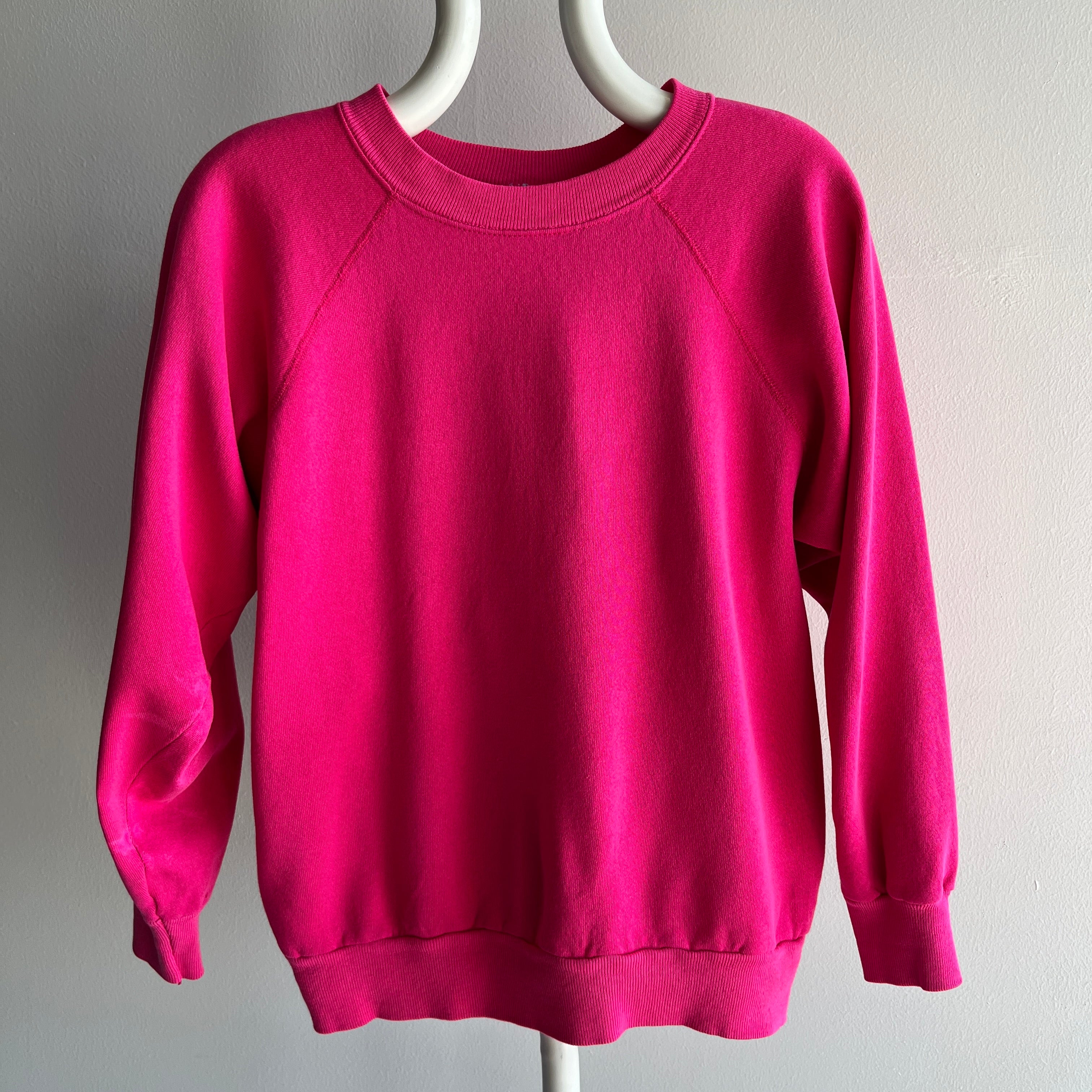 1980s Thin and Slouchy Hot Pink Sweatshirt with Bleach Staining on the Sleeve