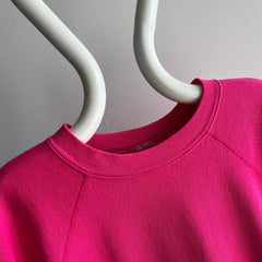 1980s Thin and Slouchy Hot Pink Sweatshirt with Bleach Staining on the Sleeve