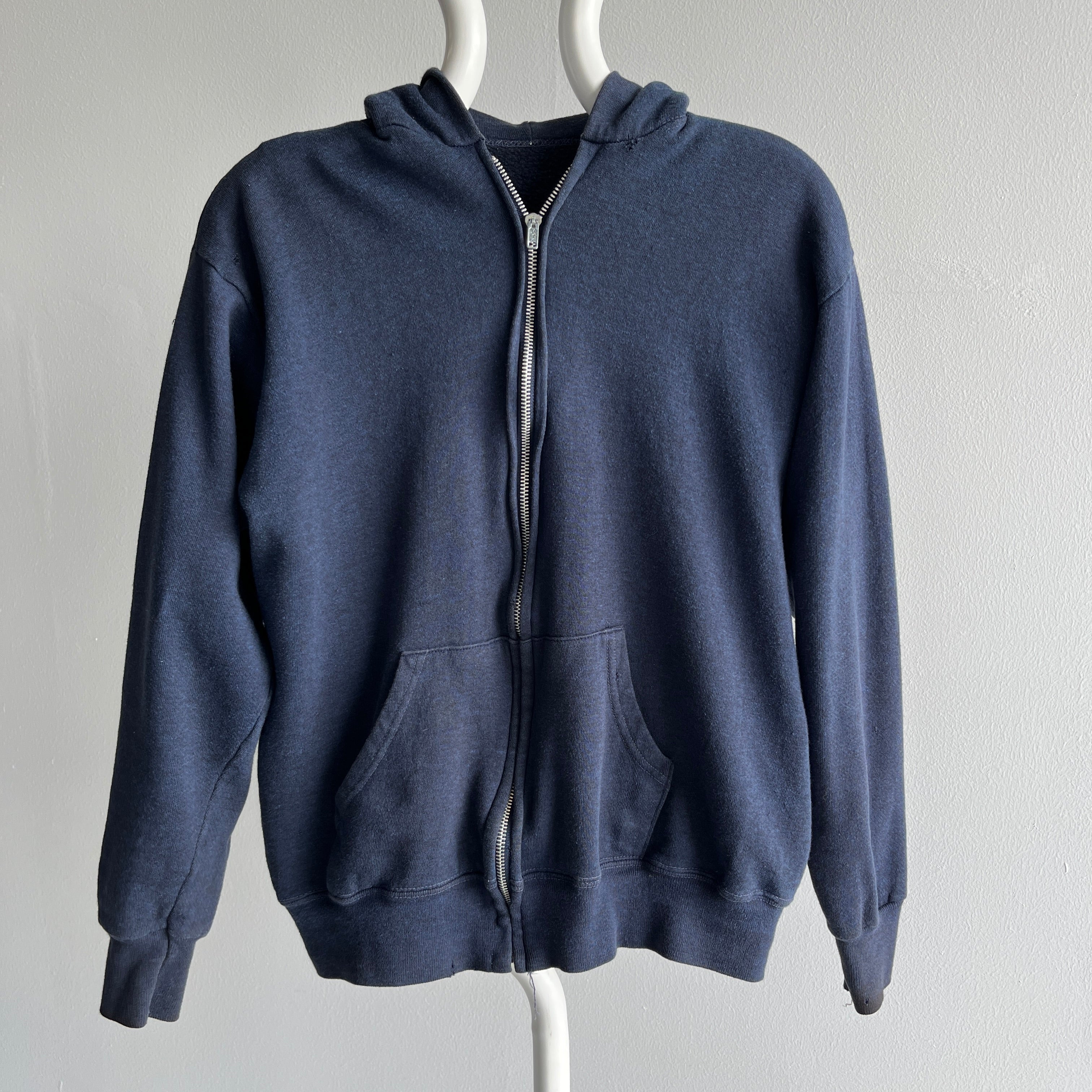 1970/80s Steinwurtzel Beautifully Worn Zip Up Navy Hoodie - SWOOOOOON