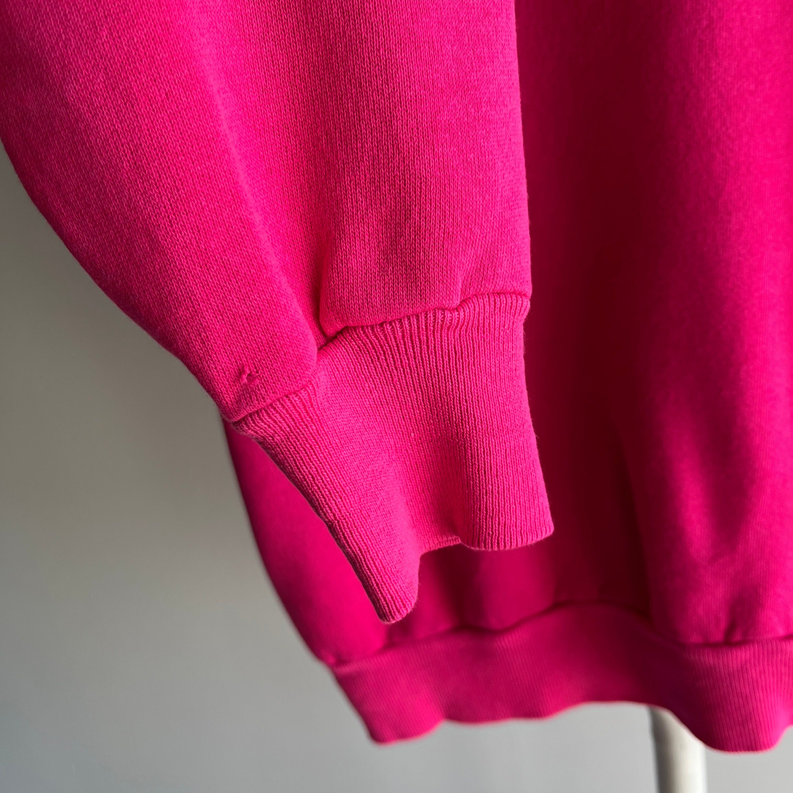 1980s Thin and Slouchy Hot Pink Sweatshirt with Bleach Staining on the Sleeve