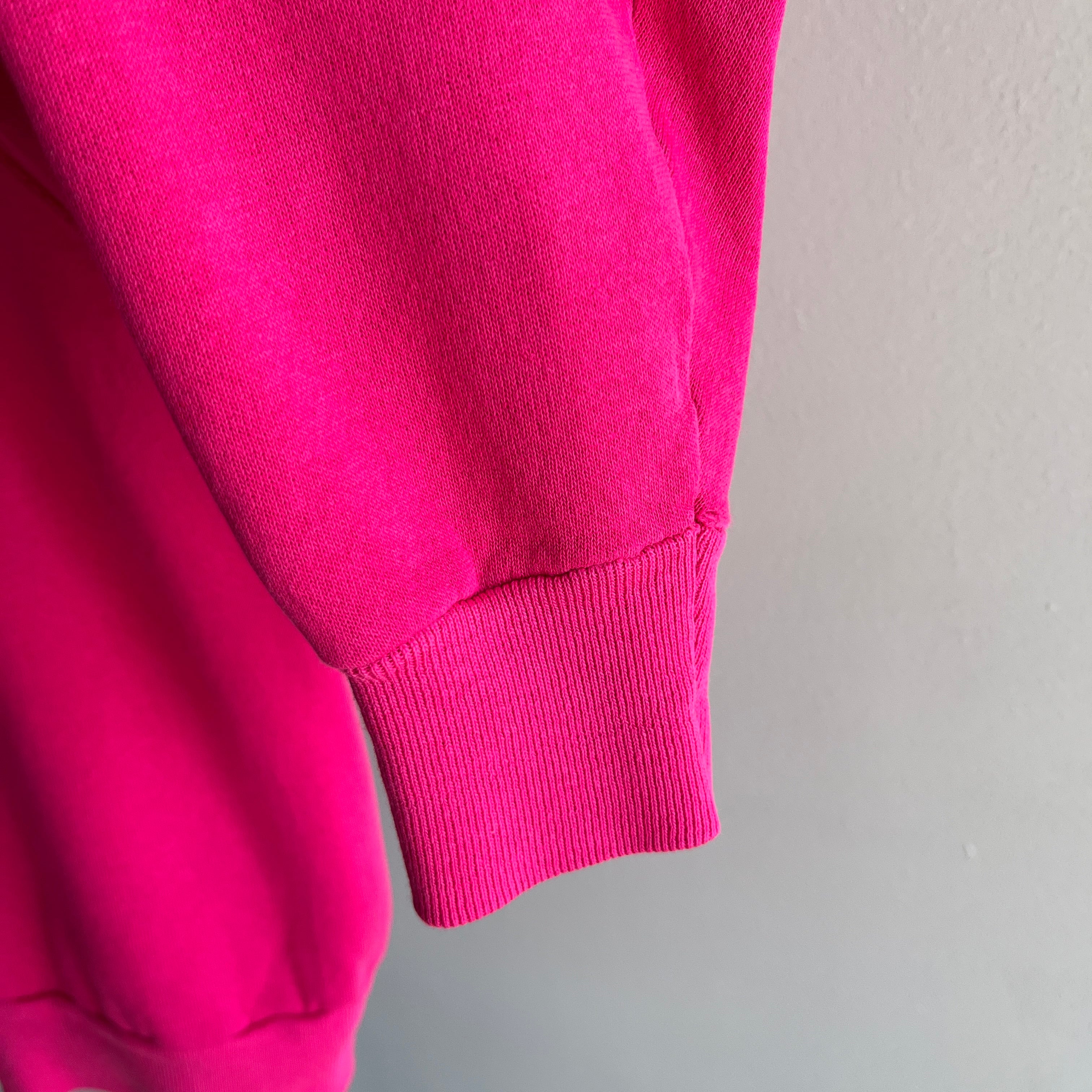 1980s Thin and Slouchy Hot Pink Sweatshirt with Bleach Staining on the Sleeve