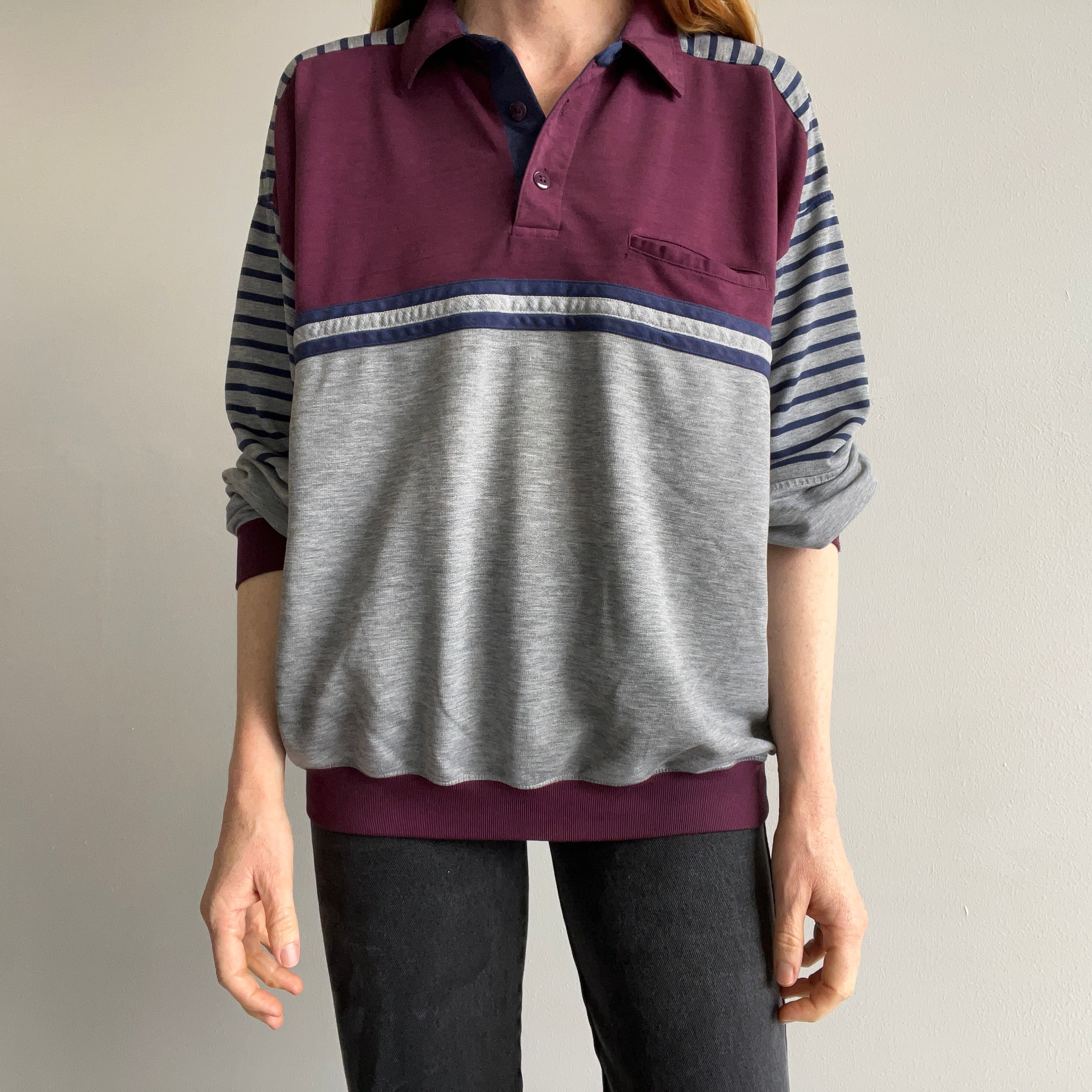 1980s Color Block Striped Lightweight Long Sleeve Shirt/Sweatshirt Polo