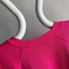 1980s Thin and Slouchy Hot Pink Sweatshirt with Bleach Staining on the Sleeve