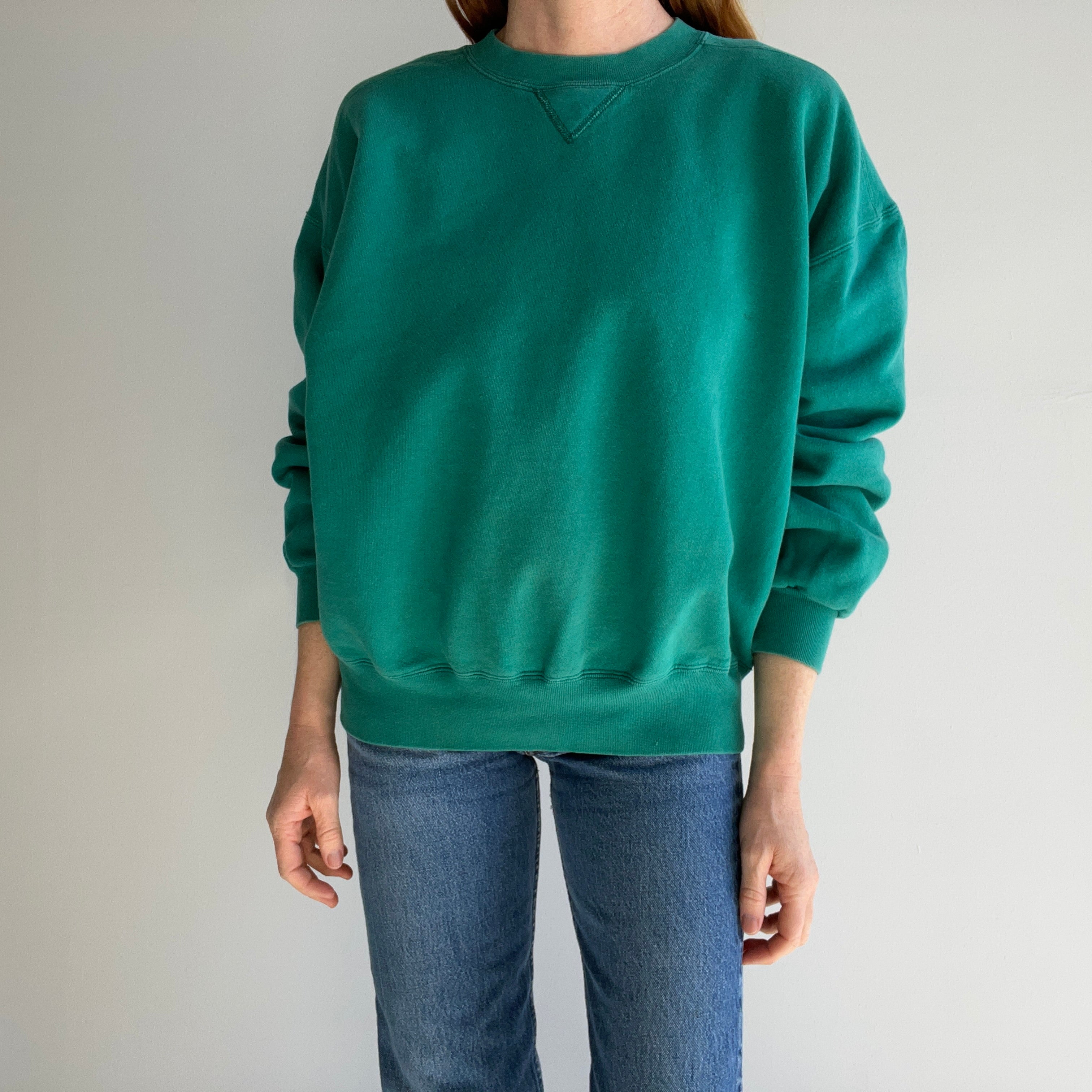 1990s Russell Brand Mostly Cotton Faded Green Single V Structured Sweatshirt