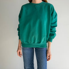 1990s Russell Brand Mostly Cotton Faded Green Single V Structured Sweatshirt