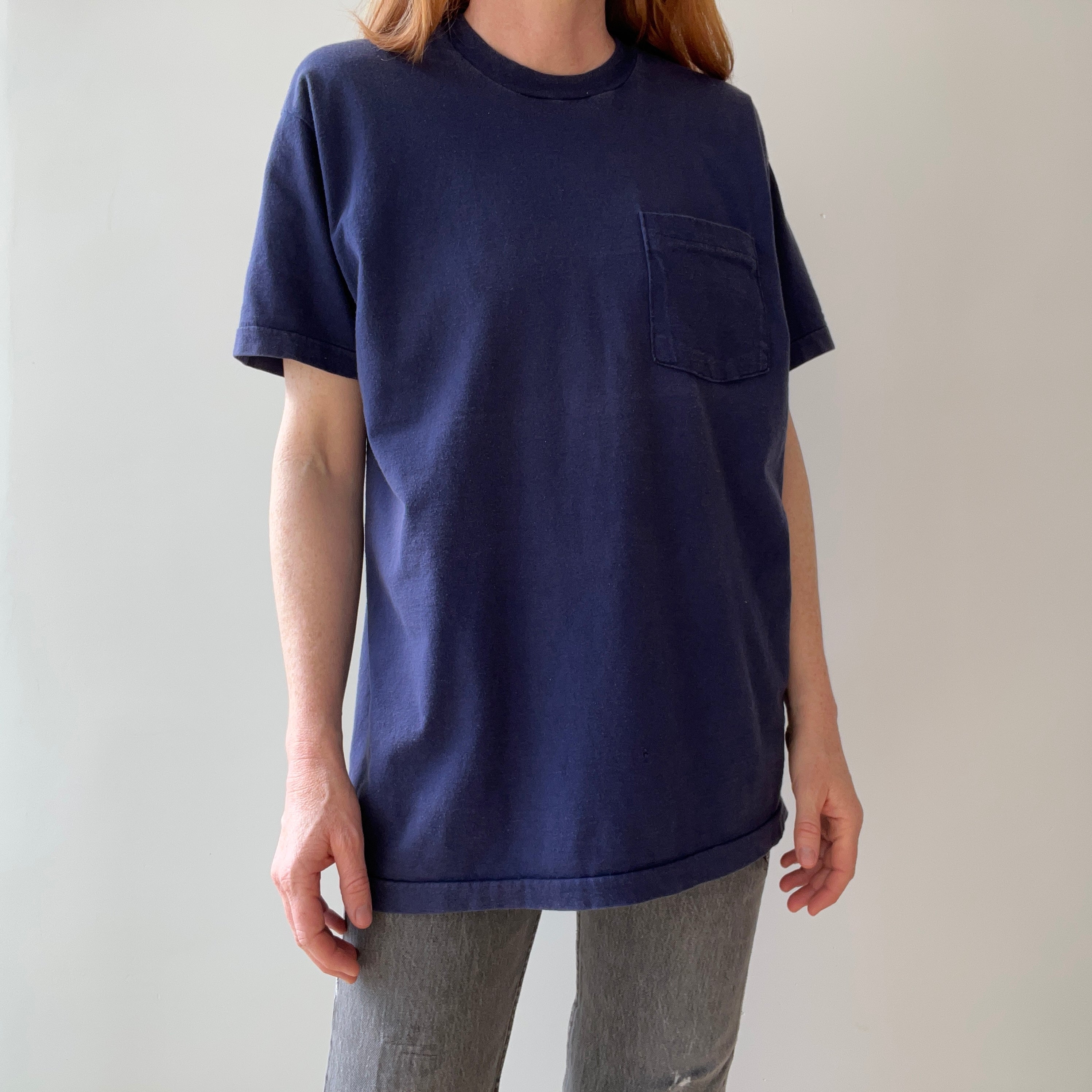 1990s Classic Blank Navy Selvedge Pocket Cotton T-Shirt by FOTL