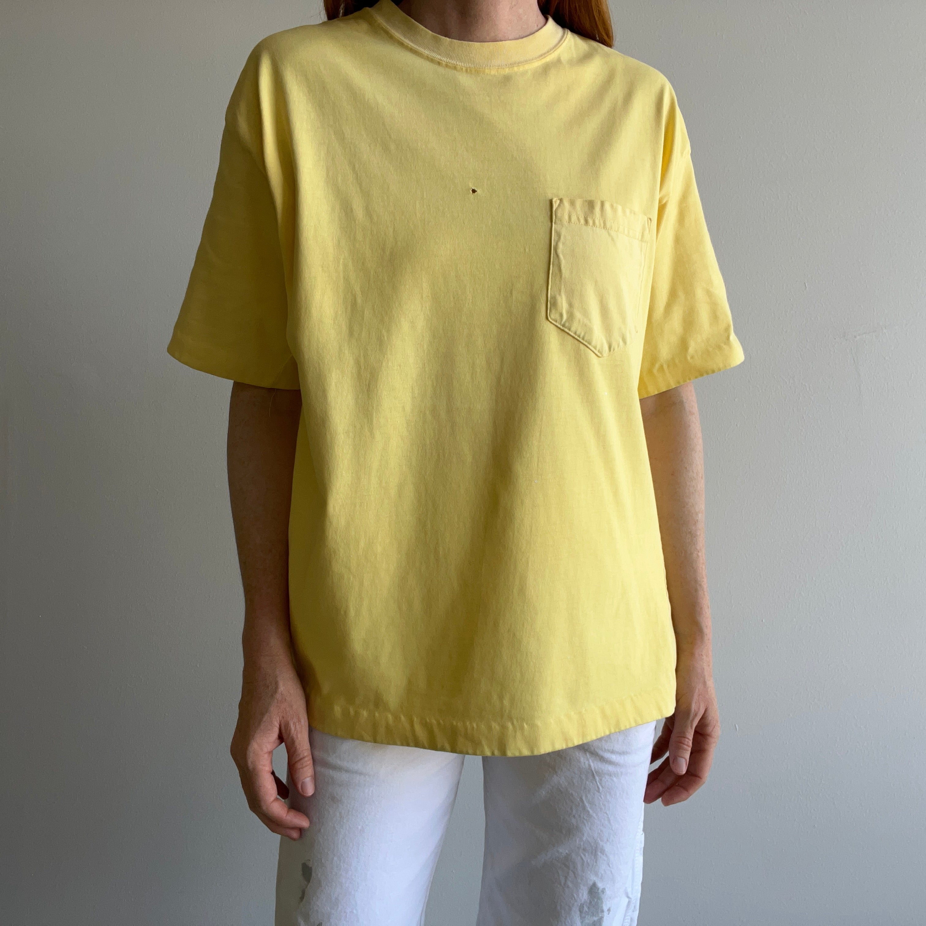 1990s Faded Liberty Mutual Yellow Blank Pock T-Shirt (Can you tell I'm watching local news?)