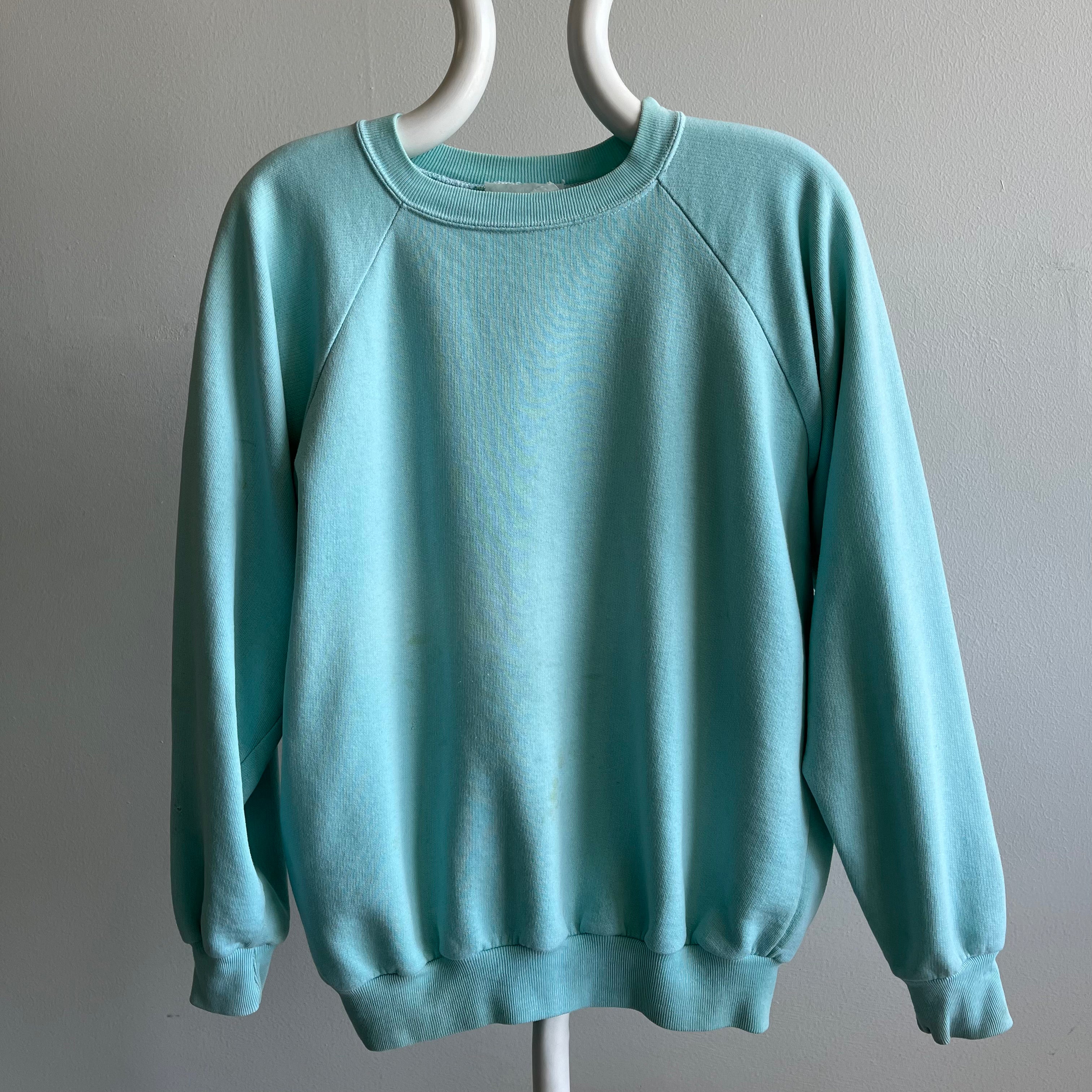 1970s Faded Seafoam Green/Blue Cotton!! Stained Sweatshirt