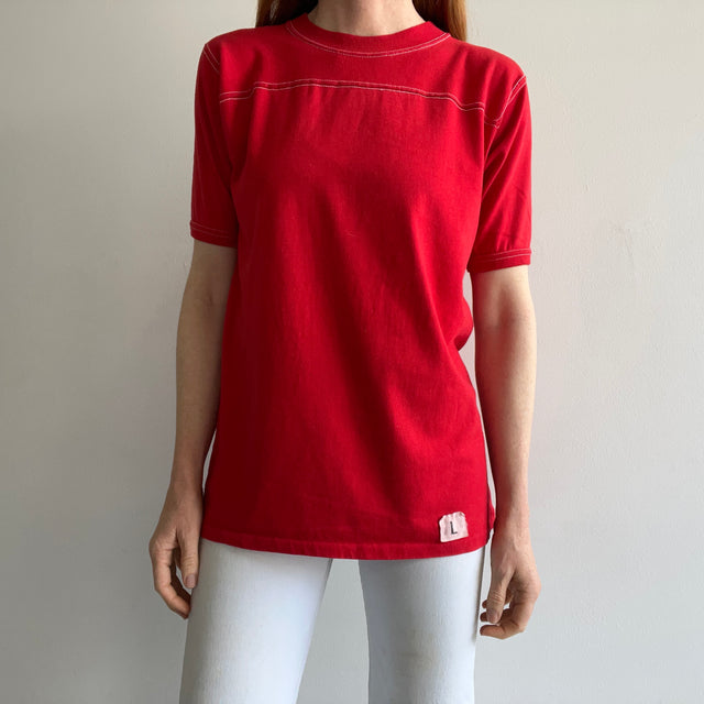 1970/80s Blank Red Football T-Shirt with Contrast White Stitching