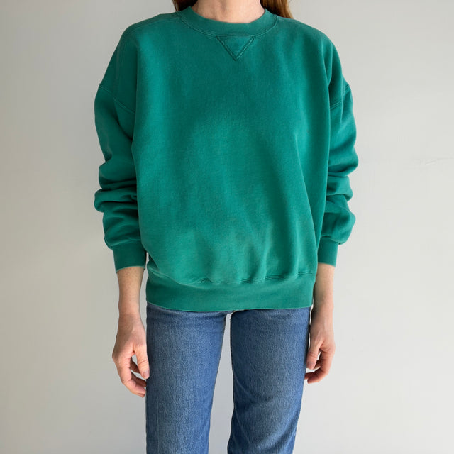 1990s Russell Brand Mostly Cotton Faded Green Single V Structured Sweatshirt