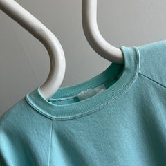 1970s Faded Seafoam Green/Blue Cotton!! Stained Sweatshirt