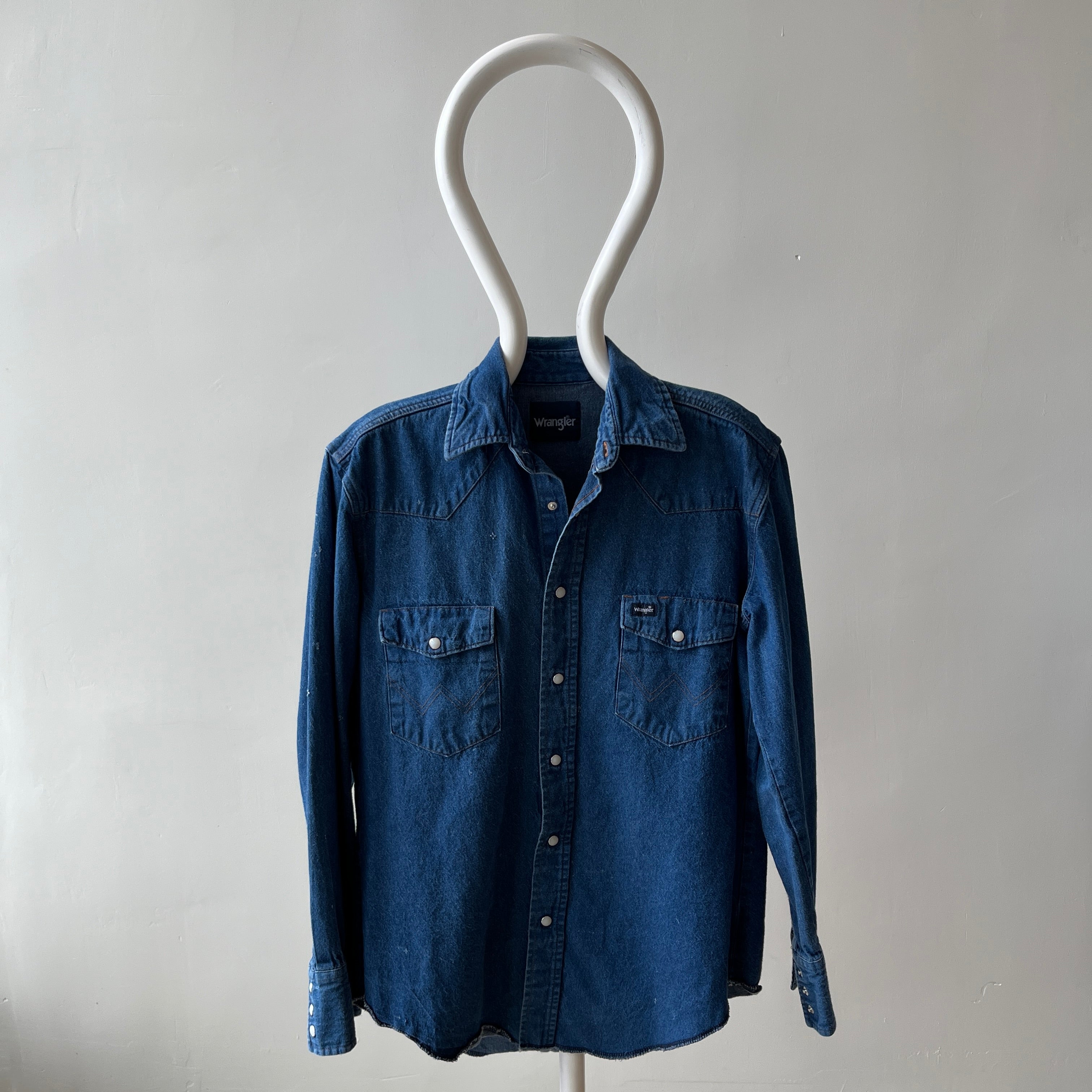 1990s Dark Wash Denim Wrangler Cowboy Snap Front Shirt