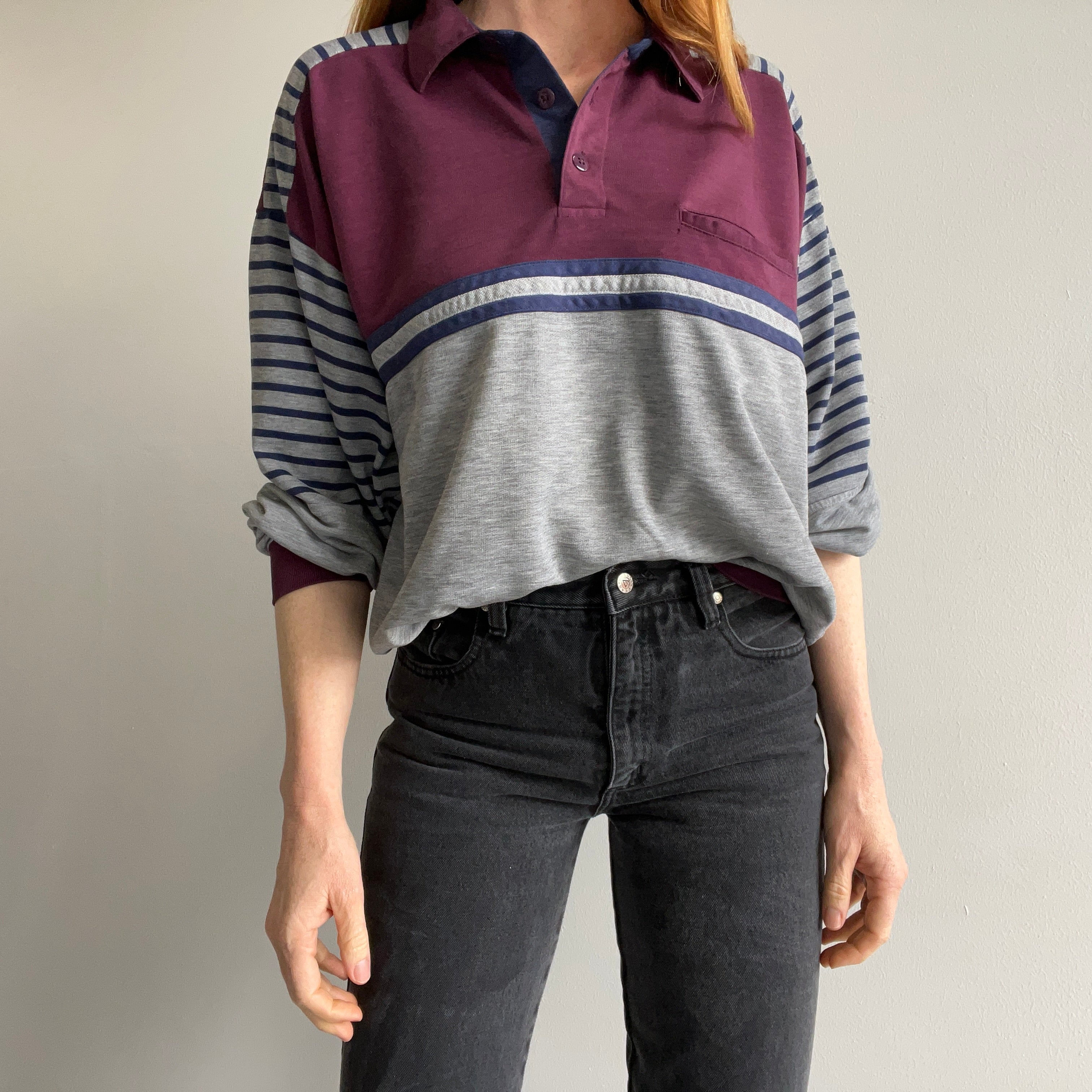 1980s Color Block Striped Lightweight Long Sleeve Shirt/Sweatshirt Polo