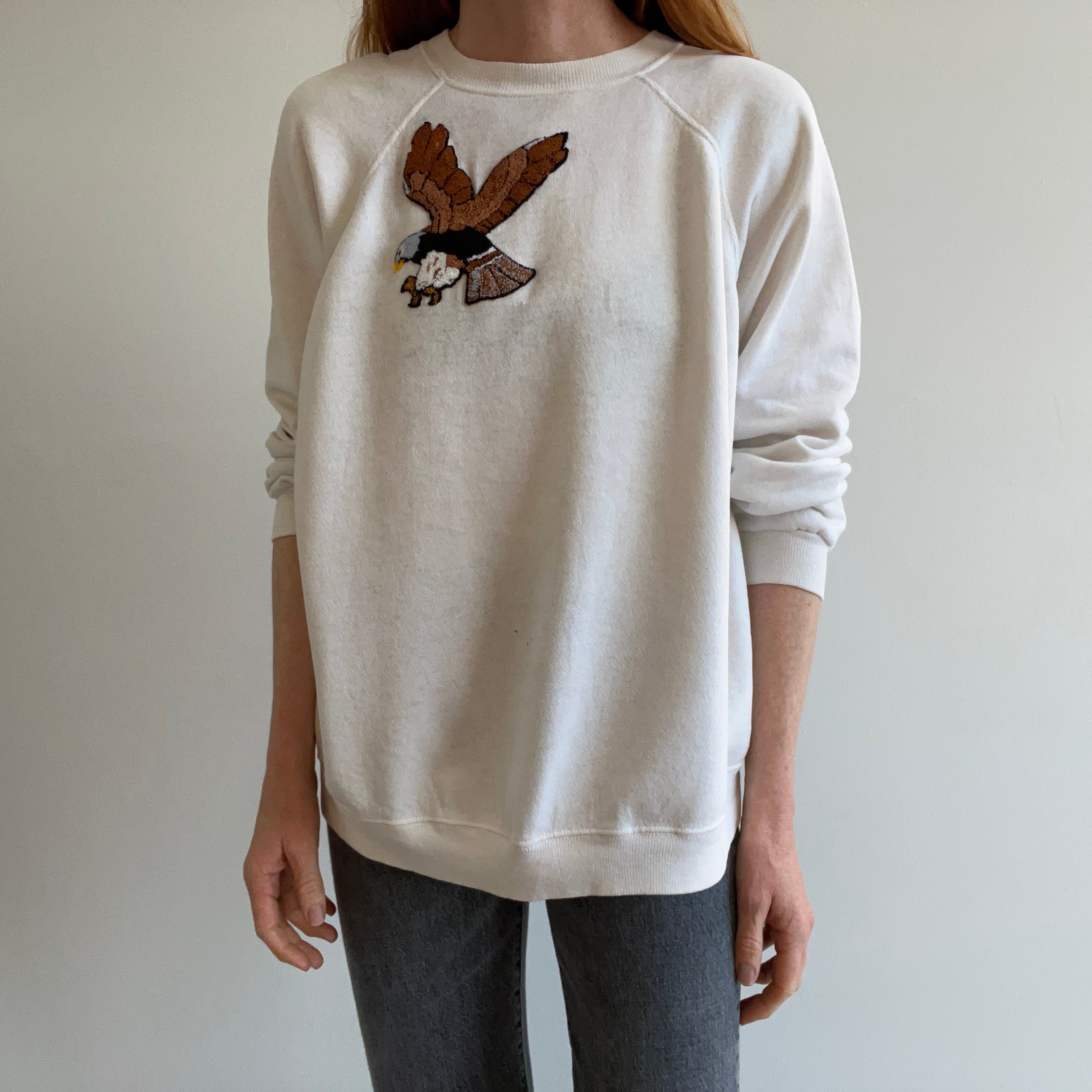 1980s DIY Eagle On A Thinned Out HHW White Sweatshirt