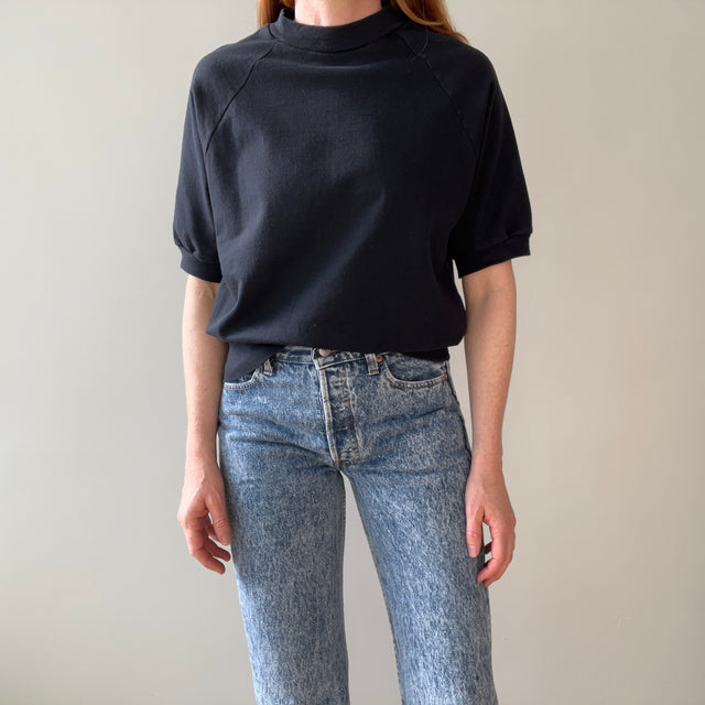 1980s Blank Black Warm Up Short Sleeve Sweatshirt