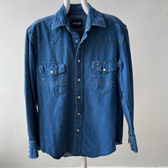 1990s Dark Wash Denim Wrangler Cowboy Snap Front Shirt