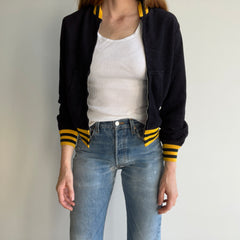 1970s Black and Yellow Microsuede (Feel) Baseball Bomber Zip Up Jacket - WOW