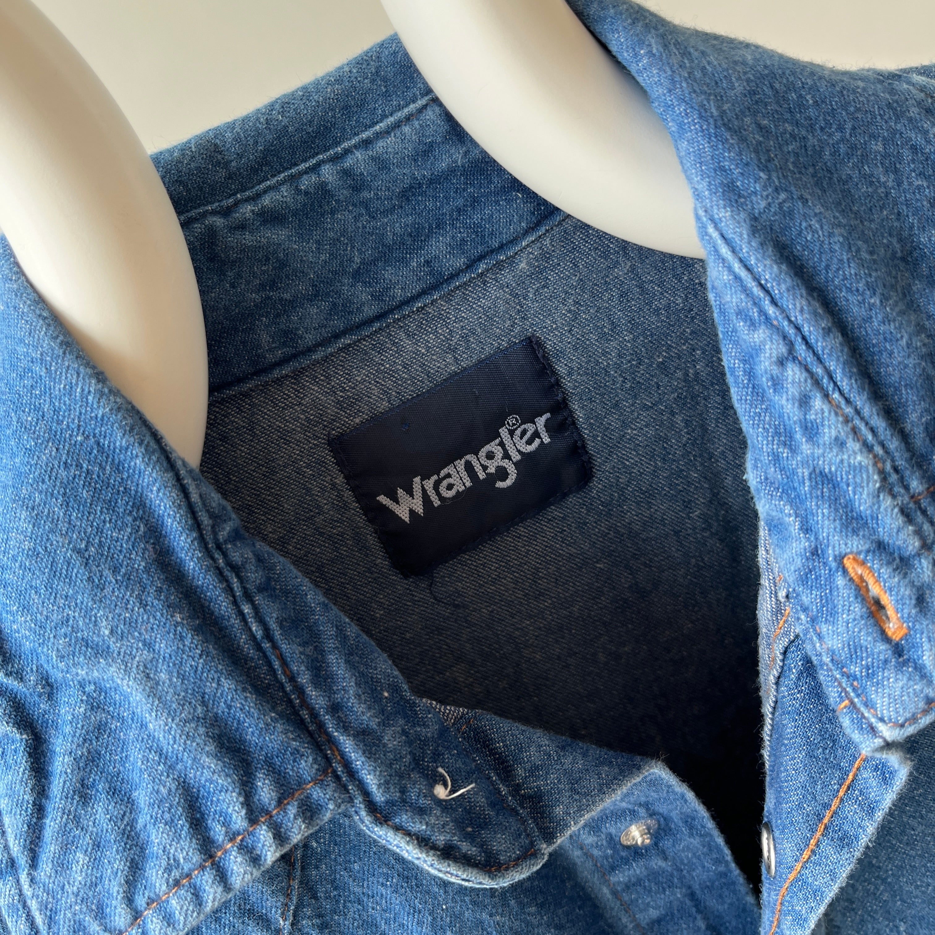 1990s Dark Wash Denim Wrangler Cowboy Snap Front Shirt