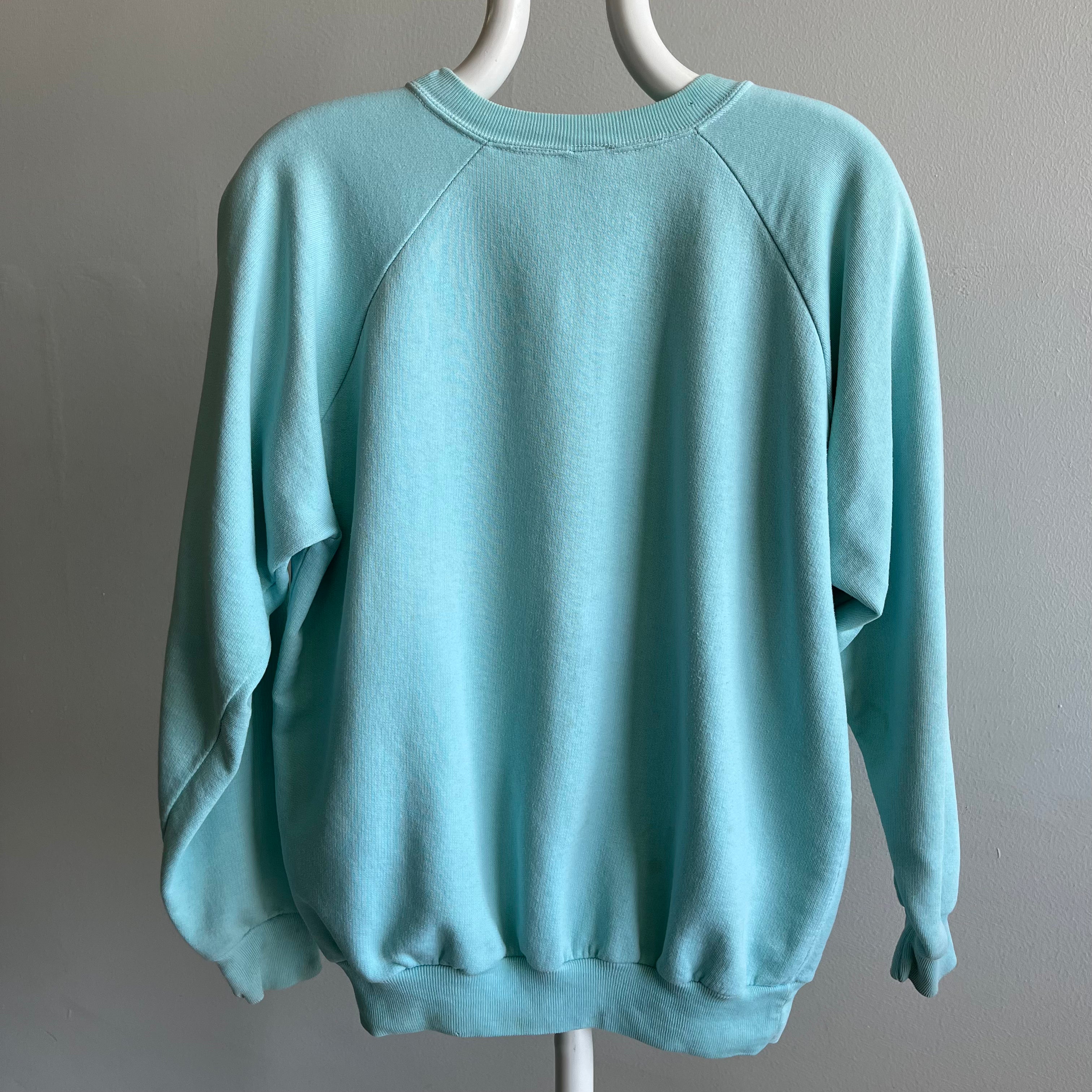 1970s Faded Seafoam Green/Blue Cotton!! Stained Sweatshirt
